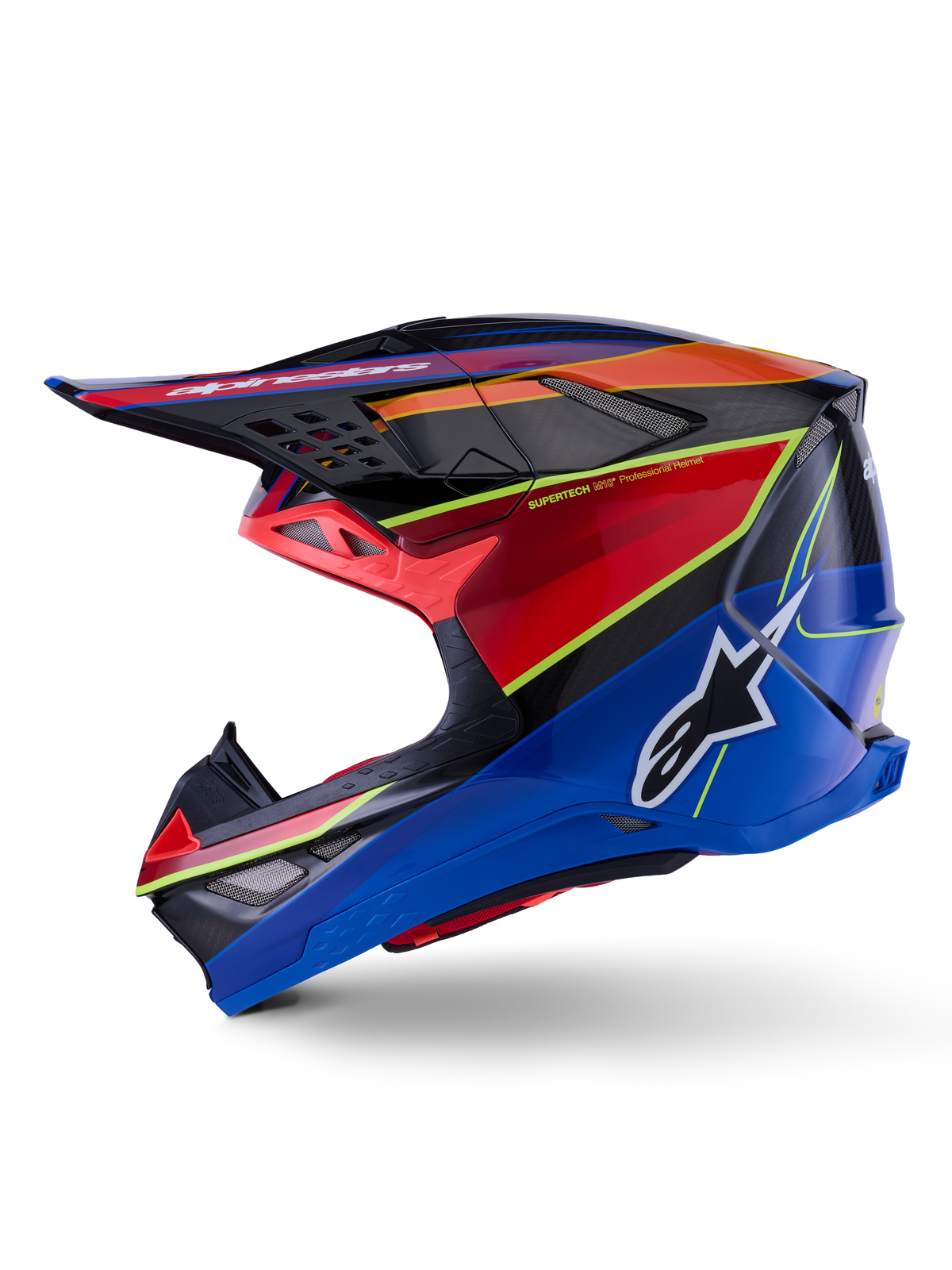 Alpinestars Supertech M10 Era Helmet, Motocross Helmet, Blue Red and Yellow Fluo Glossy, side profile view featuring an aerodynamic carbon fiber shell, bold Alpinestars logo on the side, and multiple ventilation ports, professional off-road racing gear