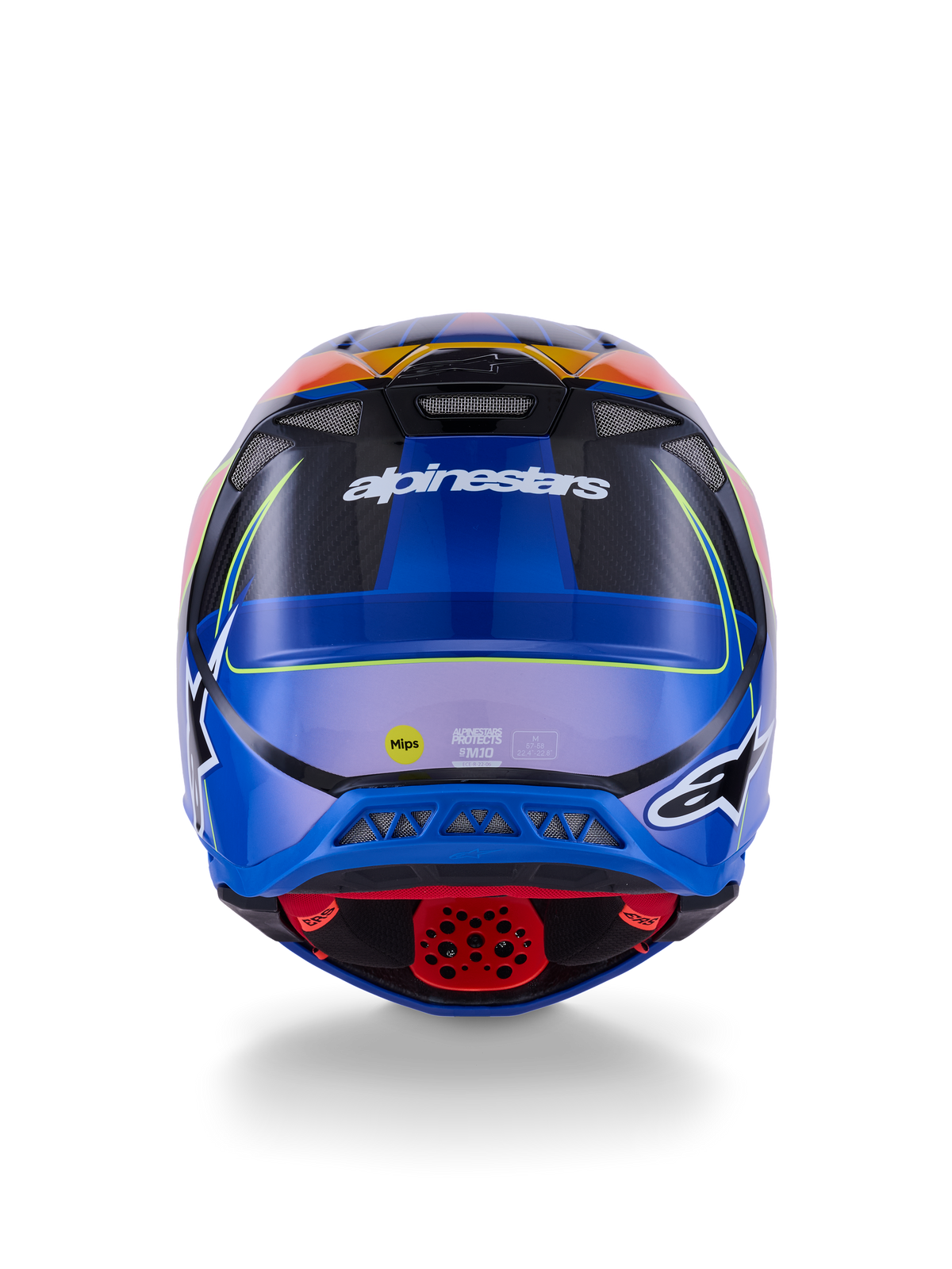 Alpinestars Supertech M10 Era Helmet, Motocross Helmet, Rear View, Blue Red Yellow Fluo Glossy, featuring ventilation ports, carbon composite shell, Alpinestars branding, and MIPS safety sticker, advanced off-road protection