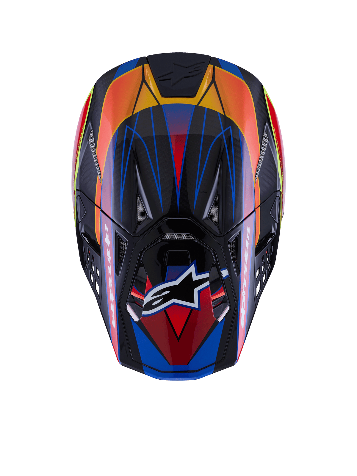 Alpinestars Supertech M10 Era Helmet, Top view, Blue Red and Yellow Fluo Glossy finish, featuring a carbon fiber shell, multiple intake vents with mesh, Alpinestars logo on the visor, advanced motocross protective gear