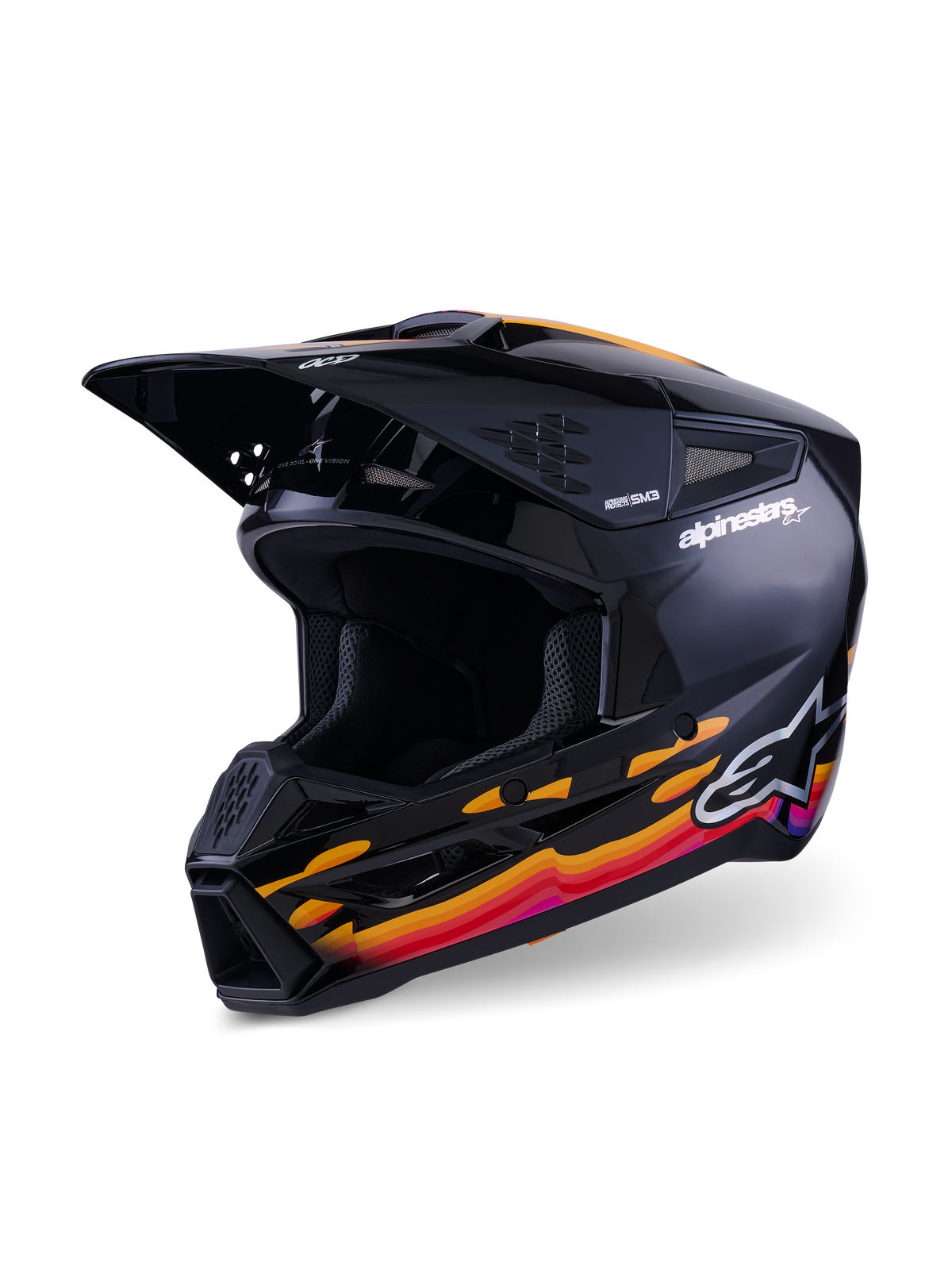 Alpinestars S-M3 Force OCD hjelm, motocrosshjelm, sort blank med livlige orange, røde og lilla grafikker, med Alpinestars-branding på siden og OCD-logo på visiret, aerodynamisk design med ventilationsporte og en fremtrædende hagebeskytter.