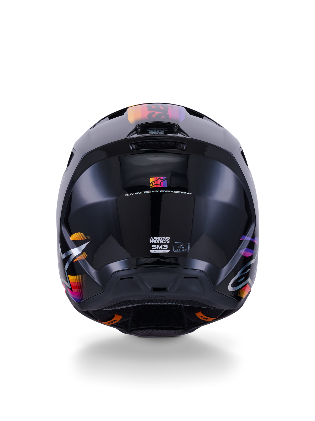 Alpinestars S-M3 Force OCD hjelm, sort blank motocrosshjelm, set bagfra, med livlige orange, pink og lilla grafikker, ECE 22.06 certificeringsmærke, aerodynamisk termo-injiceret skaldesign