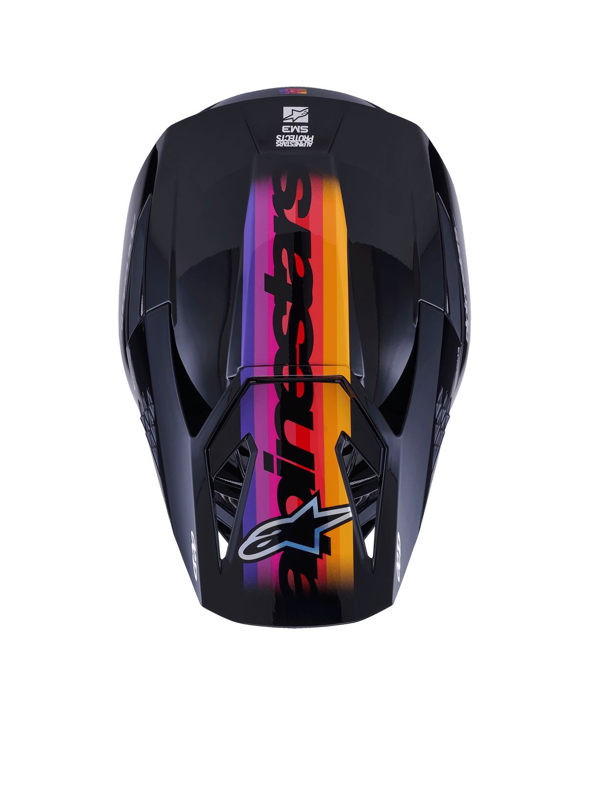 Alpinestars S-M3 Force OCD hjelm, motocross-hjelm, set oppefra, blank sort med en levende gradientstribe i lilla, pink, rød, orange og gul, med markant Alpinestars branding og logo, designet til off-road kørsel