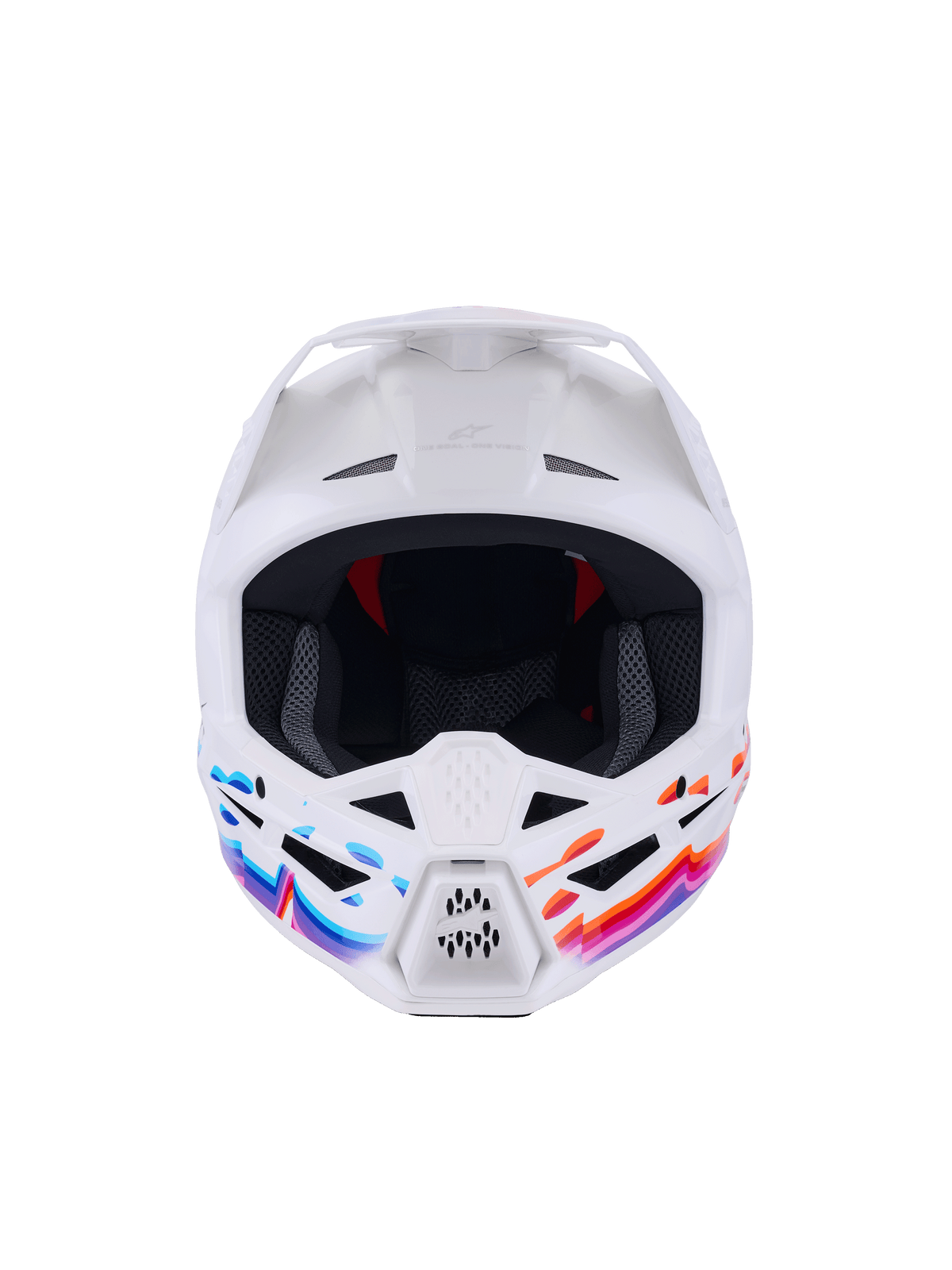 Alpinestars S-M3 Force OCD Helmet, Motocross Helmet, White Glossy with vibrant blue, pink, and orange wavy graphics, front view showing ventilation inlets and white visor, professional-grade head protection for off-road riding