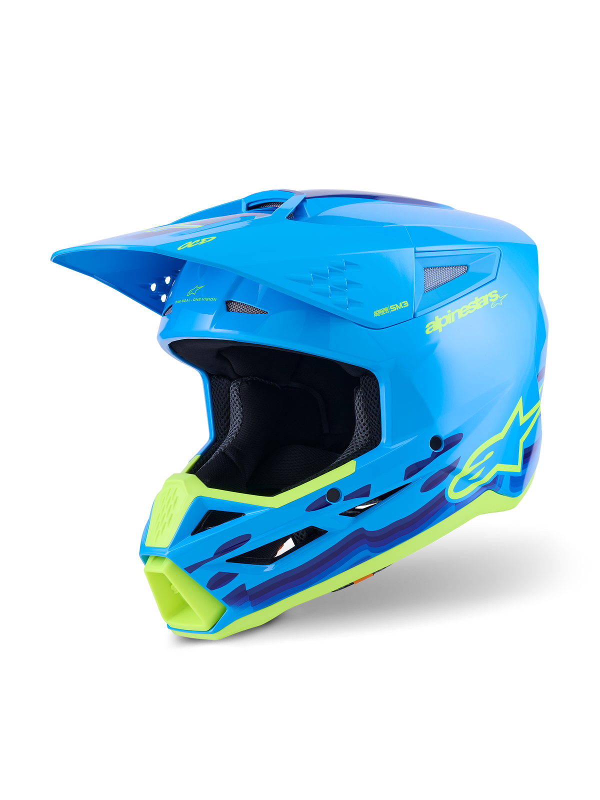 Alpinestars S-M3 Force OCD Helmet, Motocross Helmet, Cyan Glossy with neon yellow and purple wavy graphics, high-gloss finish with prominent Alpinestars logo, designed for off-road impact protection and ventilation