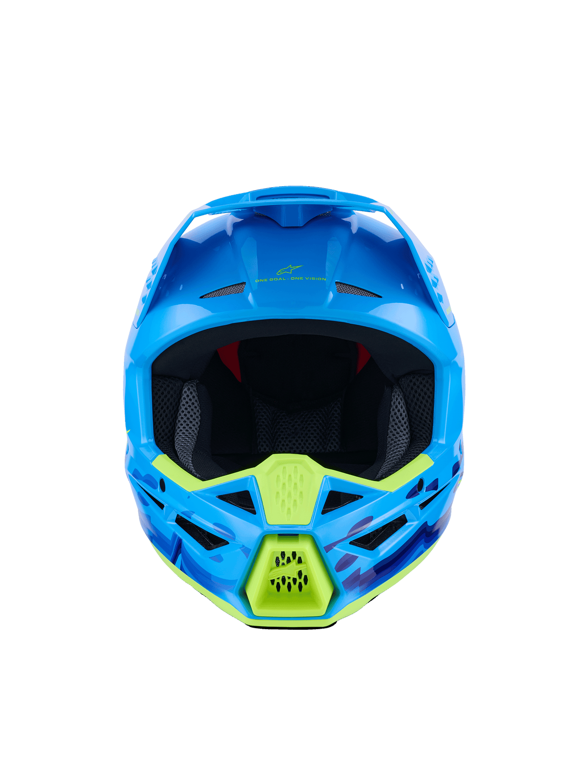 Alpinestars S-M3 Force OCD Helmet, Motocross Helmet, Cyan Glossy with neon yellow accents, front view, featuring blue and purple camo graphics, aggressive ventilation ports, and sleek aerodynamic shell design