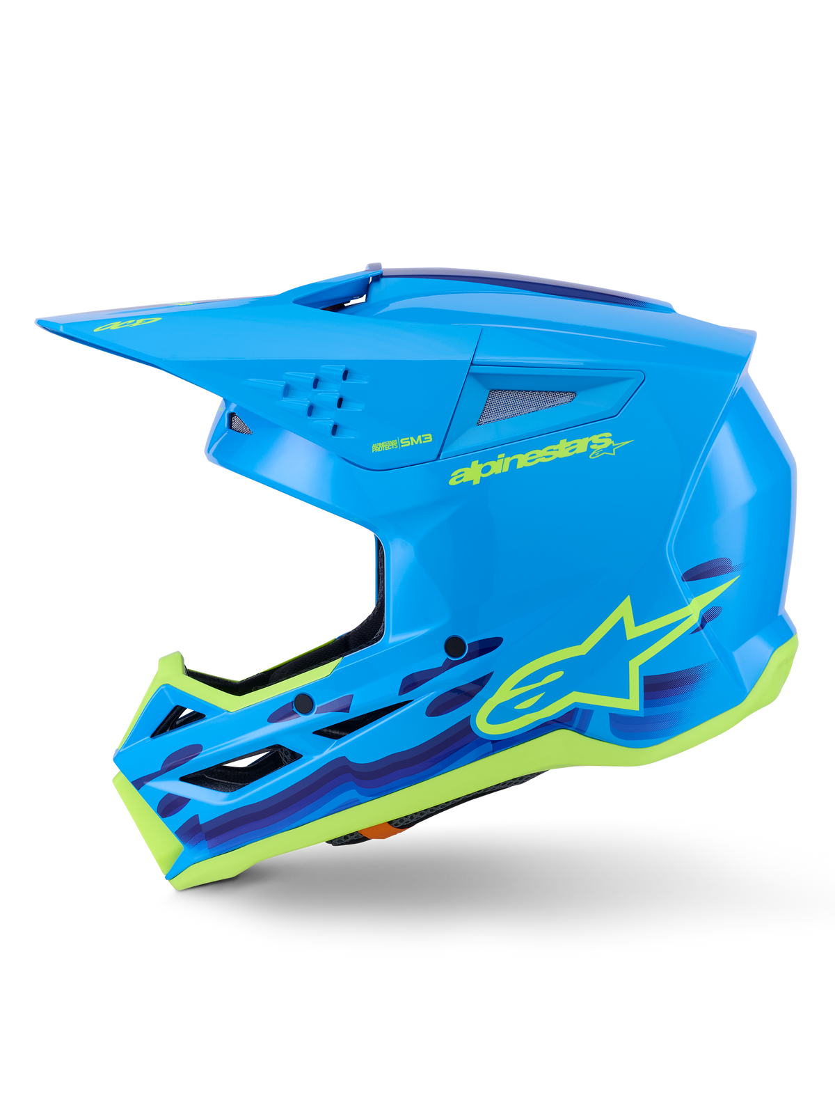 Alpinestars S-M3 Force OCD Helmet, Motocross Helmet, Cyan Glossy with graphic accents, featuring a streamlined shell, protective visor, and high-flow ventilation for off-road racing