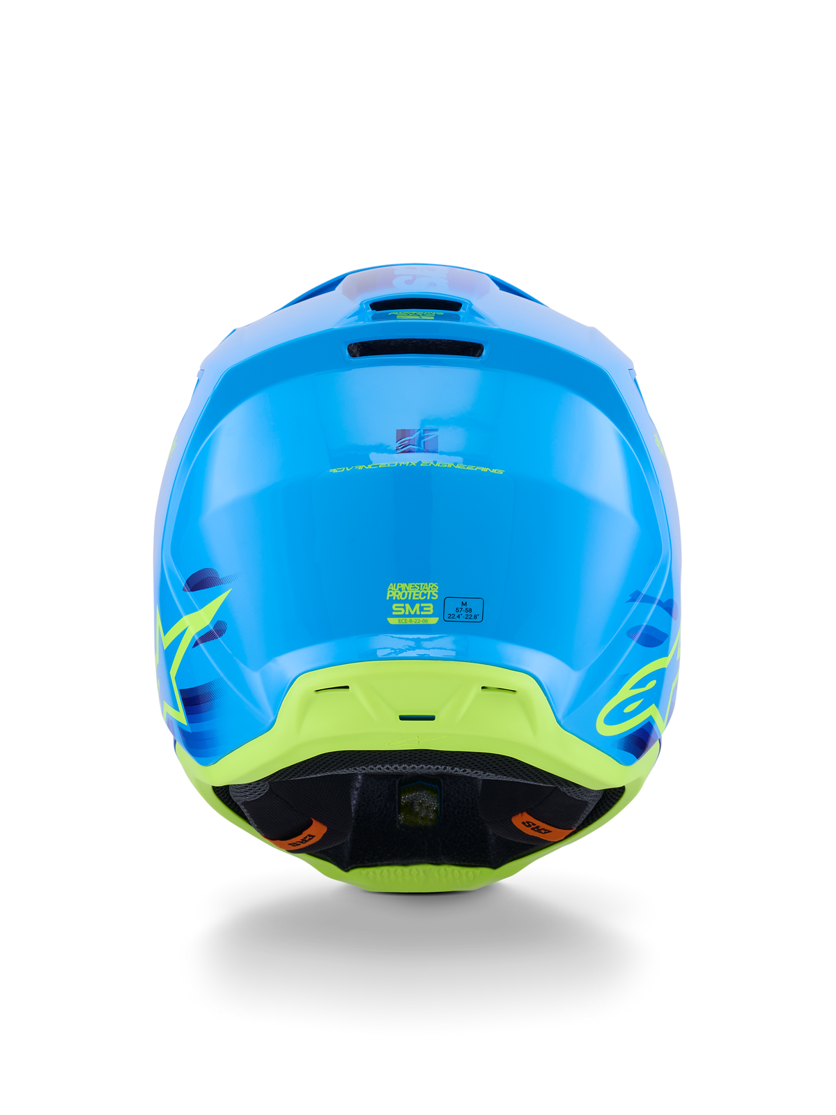 Alpinestars S-M3 Force OCD Helmet, Motocross Helmet, Cyan Glossy with lime green and yellow accents, rear view highlighting the aerodynamic shell construction, exhaust ventilation ports, and ECE 22.06 safety markings.
