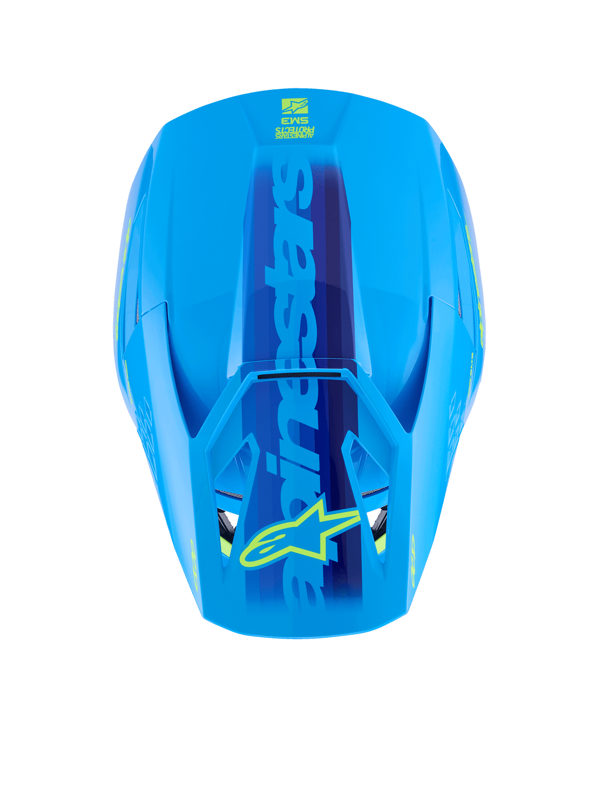 Alpinestars S-M3 Force OCD Helmet, Cyan Glossy, top view showing the aerodynamic shell, large blue Alpinestars branding with yellow star logo on the visor, sleek glossy finish for motocross racing.