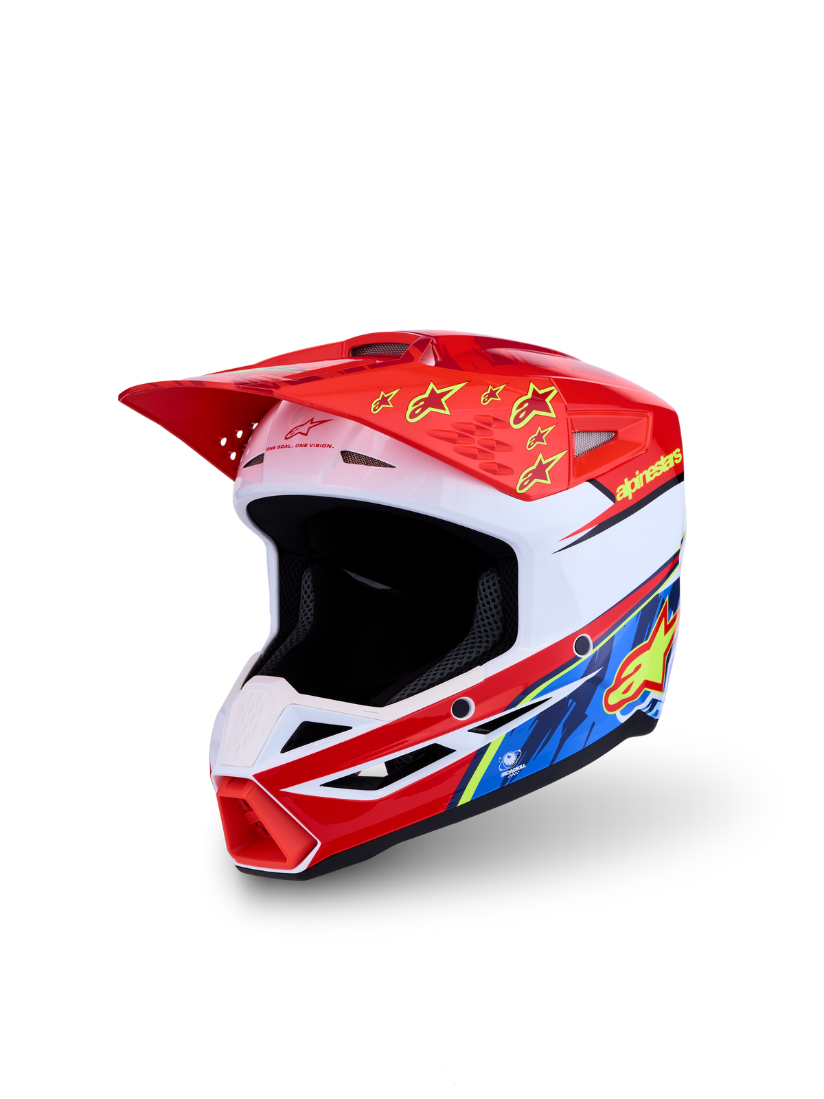Alpinestars SM3 Falcon hjelm ungdom, rød og hvid motocrosshjelm med gul og blå grafik, ECE 22.06-godkendt til off-road