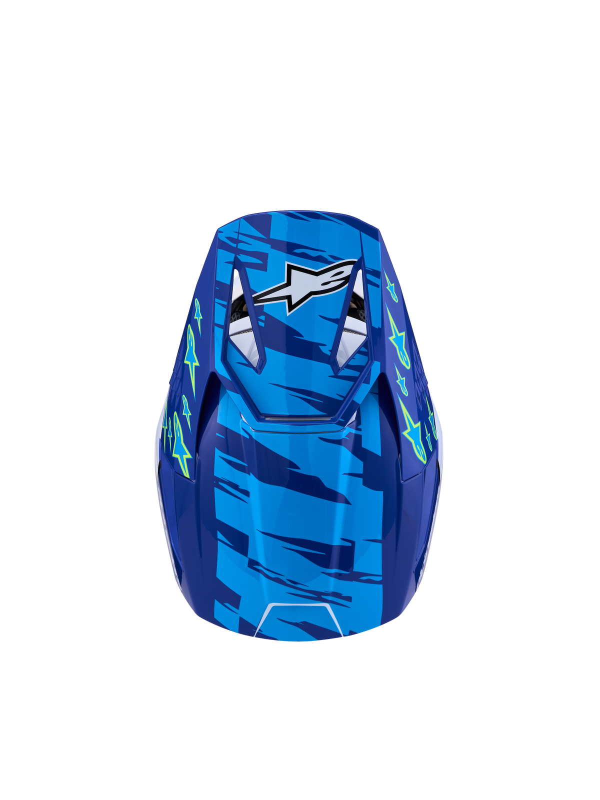 Alpinestars SM3 Falcon Hjelm Ungdom ECE06, blå og gul motocrosshjelm, set bagfra til unge off-road ryttere.