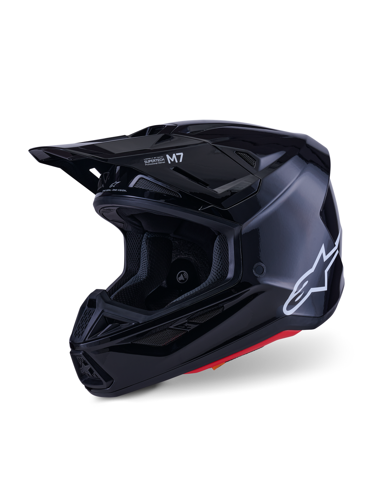 Alpinestars S-M7 Solid Helmet, Motocross Helmet, Black Glossy, featuring a white Alpinestars logo on the side, aerodynamic visor, and multiple air intake vents for off-road racing protection