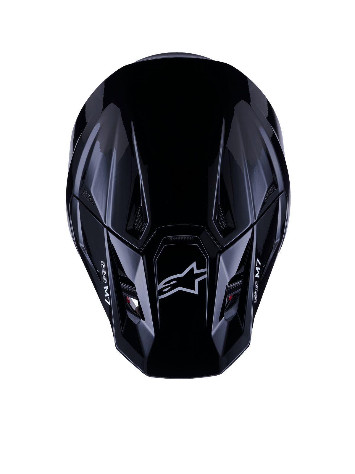 Alpinestars S-M7 Solid Helmet ECE 22.06, Motocross Helmet, Glossy Black, top-down view showing aerodynamic composite shell with Astars logo and M7 branding, sleek design with ventilation ports for off-road racing performance
