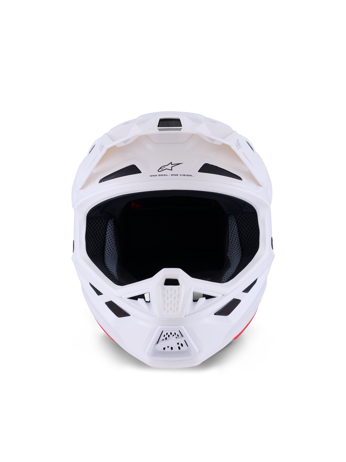 Alpinestars S-M7 Solid hjelm, motocrosshjelm, hvid blank, frontvisning med ventilationsporte og hagebeskytter, aerodynamisk kompositskal-design til off-road racing