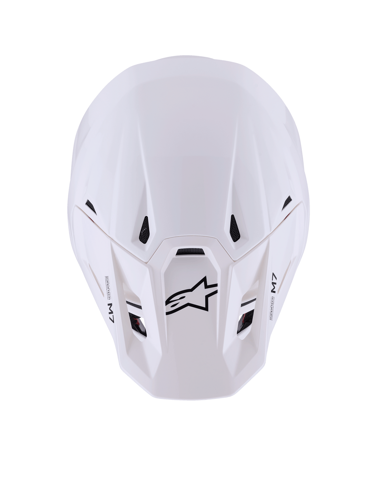 Alpinestars S-M7 Solid hjelm, motocross-hjelm, hvid blank, set oppefra der viser den strømlinede aerodynamiske skal, sorte luftindtag, sort Astar-logo og M7-branding på skyggen, højtydende off-road racingudstyr