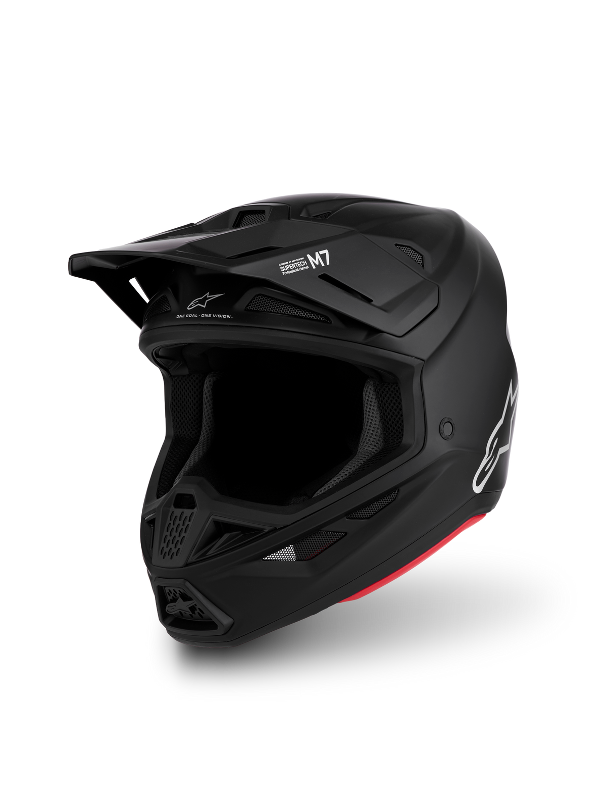 Alpinestars S-M7 Solid hjelm ECE06, mat sort motocrosshjelm med hvidt logo og rød detalje, aerodynamisk skal, ECE 22.06.