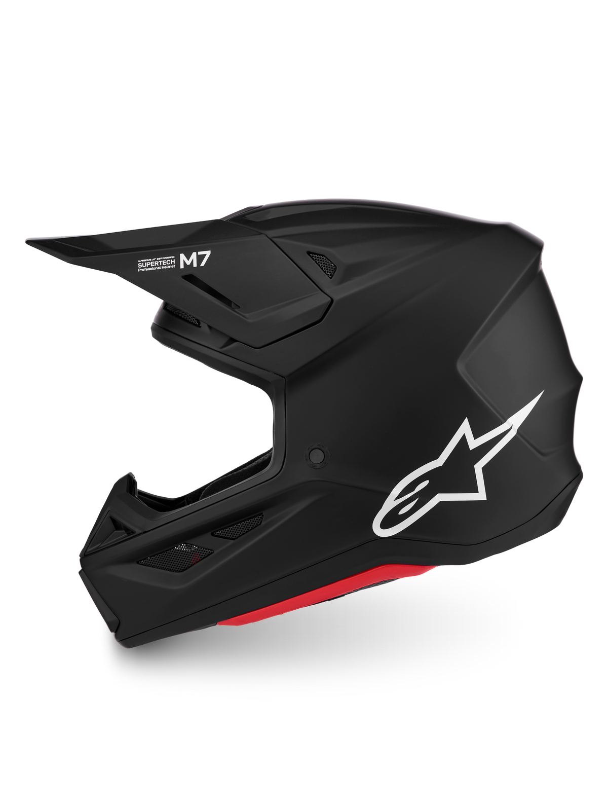 Alpinestars S-M7 Solid hjelm, matsort motocrosshjelm med hvidt logo og rød detalje, aerodynamisk skal, ECE 22.06-certificeret