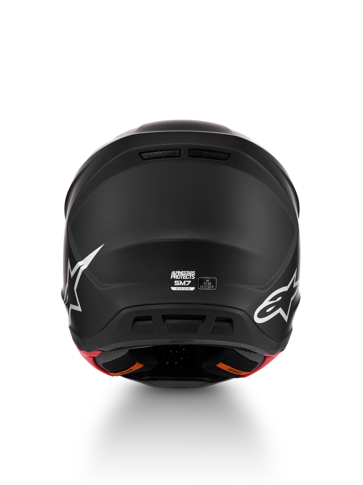 Alpinestars S-M7 Solid hjelm, mat sort motocrosshjelm set bagfra, ECE 22.06-certificeret med hvidt logo og ventilation
