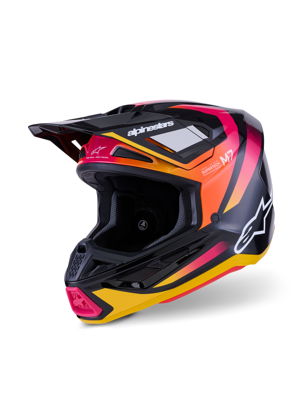 Alpinestars S-M7 Rise hjelm, motocrosshjelm, sort, gul og pink glossy, med en aerodynamisk kompositskal med levende gradient-grafik, hvide Alpinestars-logoer og flere ventilationsåbninger til off-road racing.