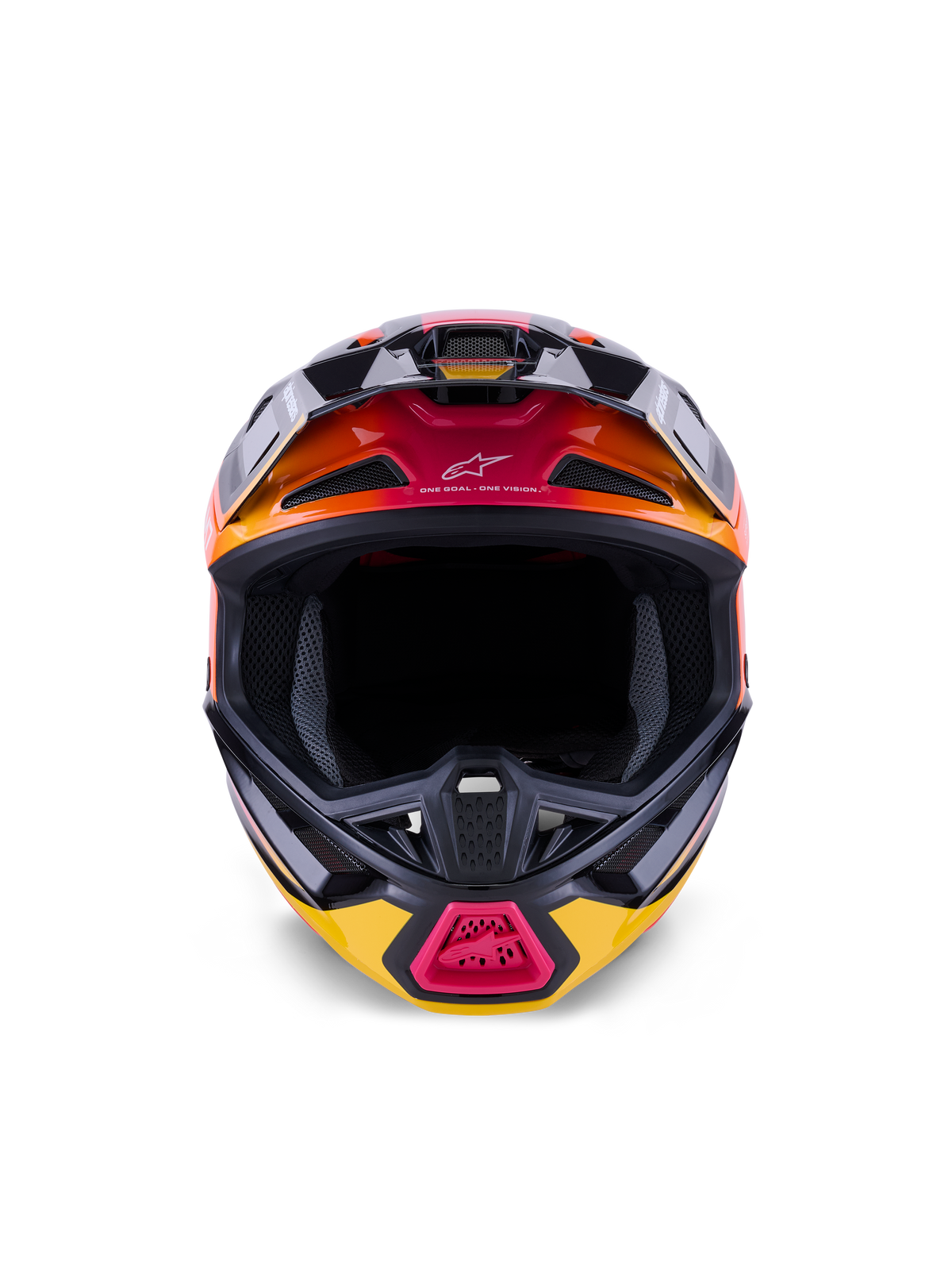 Alpinestars S-M7 Rise hjelm ECE 22.06, motocrosshjelm, blank sort, gul og lyserød med orange gradienter, set forfra, aerodynamisk kompositskal, flere luftindtag med mesh, 'One Goal. One Vision.' branding, designet til off-road racing