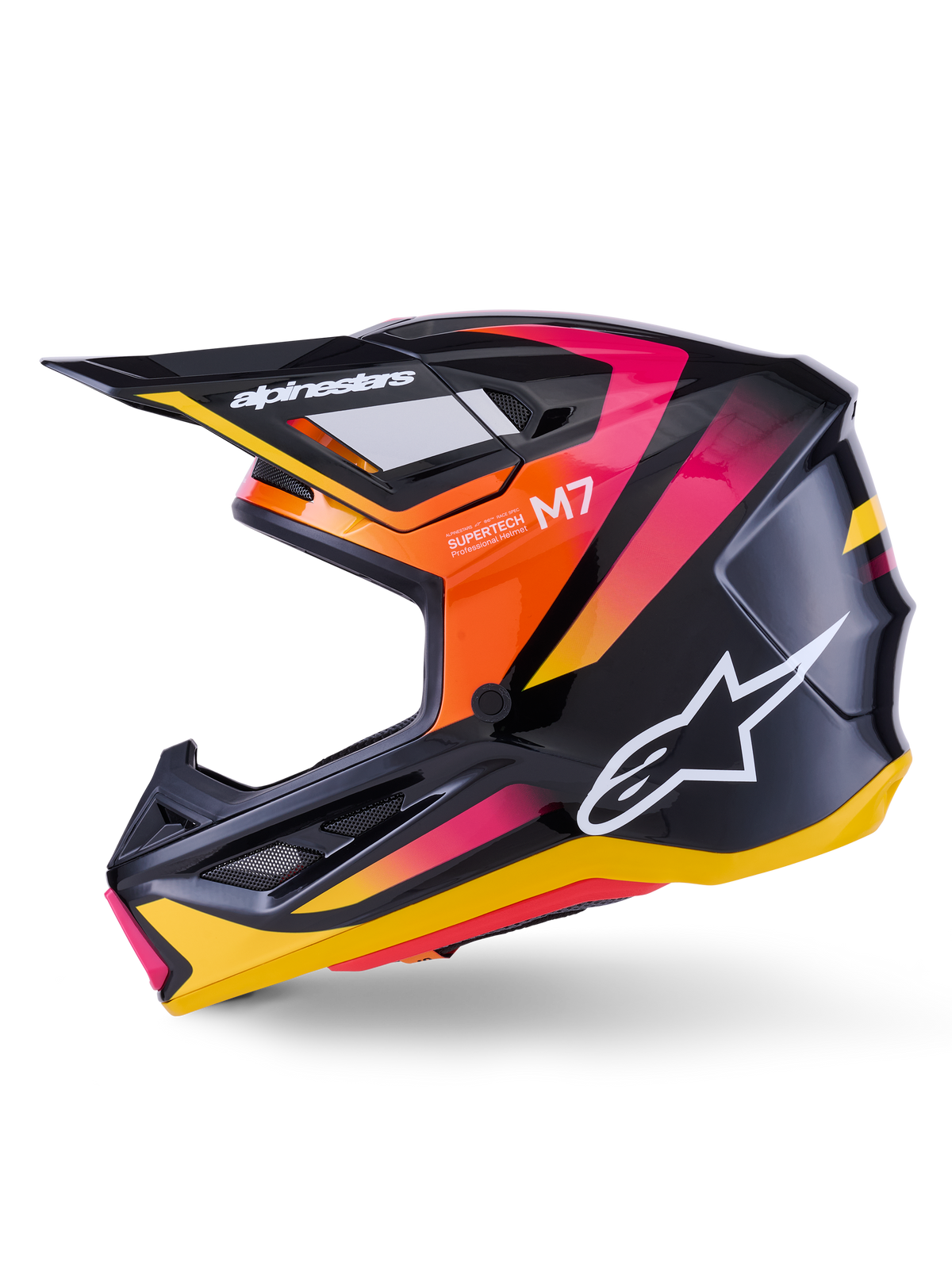 Alpinestars S-M7 Rise hjelm, motocrosshjelm, sort, gul og pink blank, sideprofil der viser levende orange og pink gradient-detaljer, hvidt Alpinestars-logo, strømlinet aerodynamisk design med sort visir, professionel hovedbeskyttelse til off-road racing