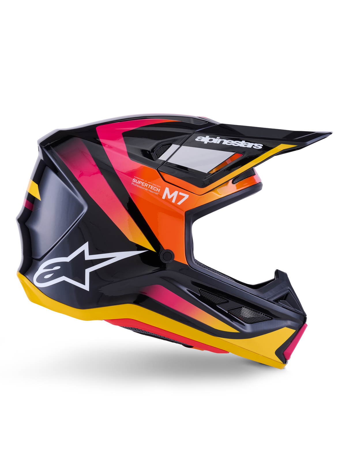 Alpinestars S-M7 Rise hjelm, motocross-racerhjelm, blank sort med pink, orange og gul grafik, sideprofil, hvidt Alpinestars-logo og visir, aerodynamisk skal med integrerede ventilationsåbninger