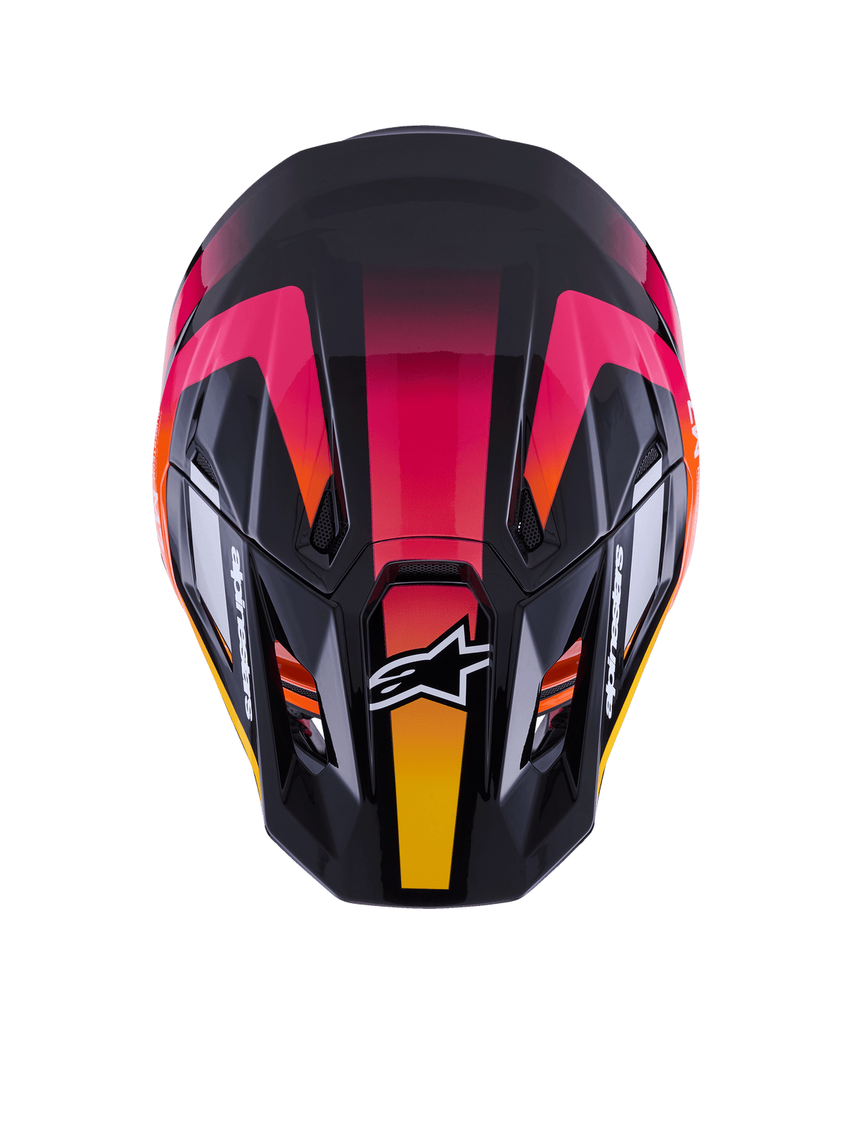 Alpinestars S-M7 Rise hjelm ECE 22.06, motocross-hjelm, blank sort, lyserød og gul, set fra oven, der viser aerodynamisk komposit-skal, levende farveovergang, ventilationsåbninger og hvidt Alpinestars-logo på forsiden