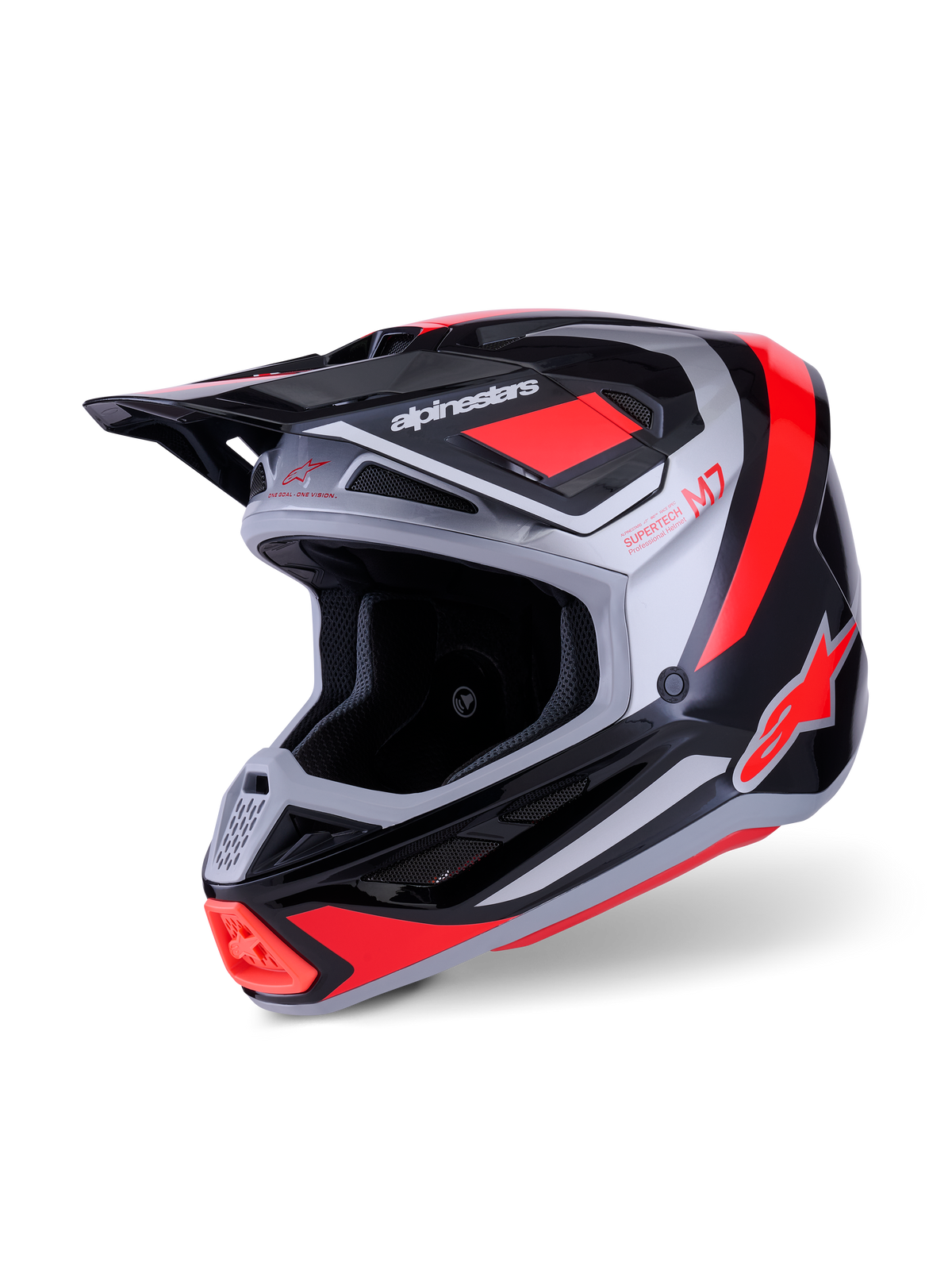 Alpinestars S-M7 Rise hjelm, motocross-hjelm, sort, sølv og rød fluo blank, aerodynamisk kompositskal med flere ventilationsåbninger, justerbart visir og markant branding til off-road kørsel