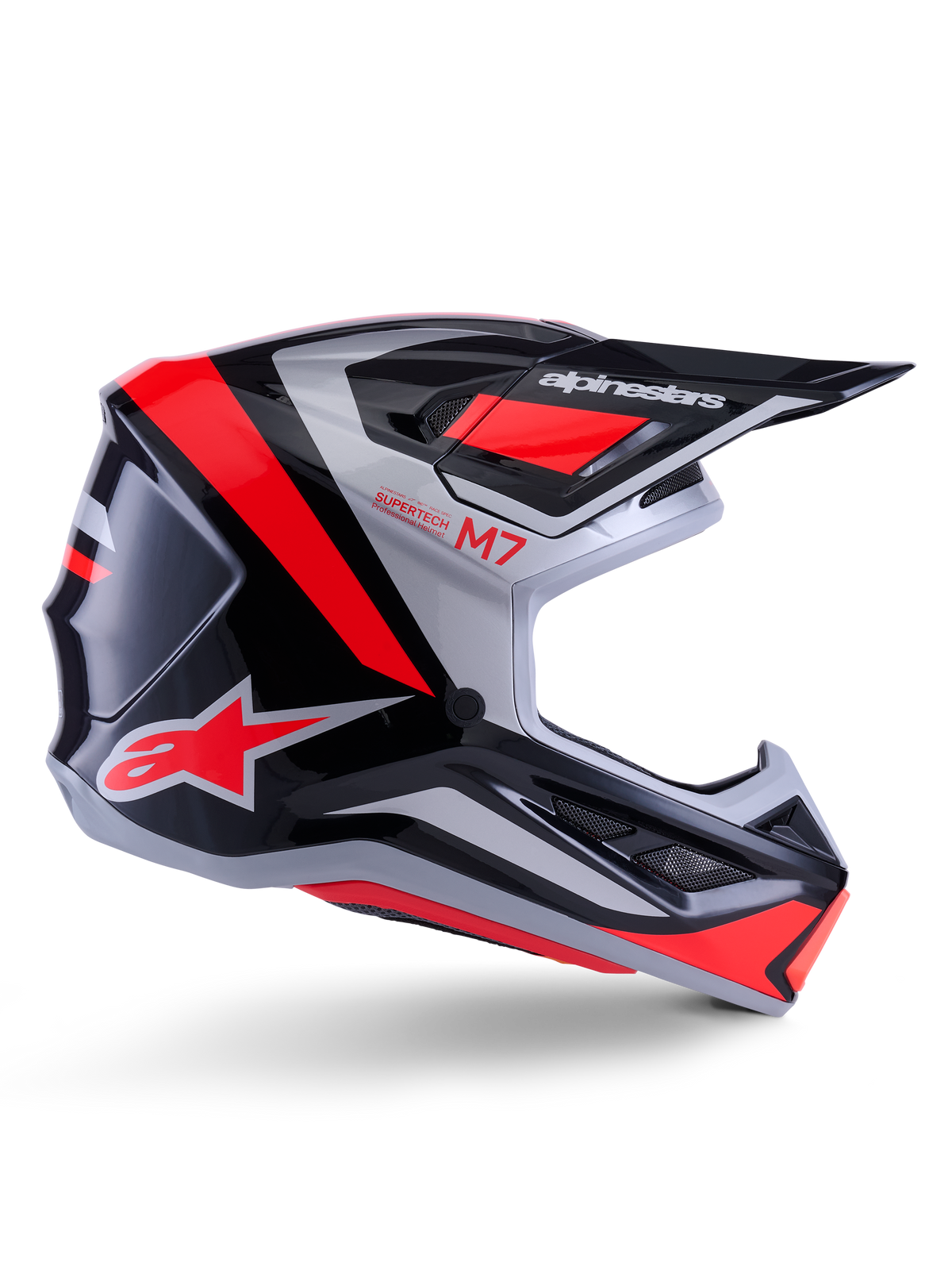 Alpinestars S-M7 Rise hjelm, motocrosshjelm, sort, sølv og rød fluo, set fra siden med vinklet aerodynamisk design, skygge og ventilationsåbninger, blank finish, Supertech M7-serien