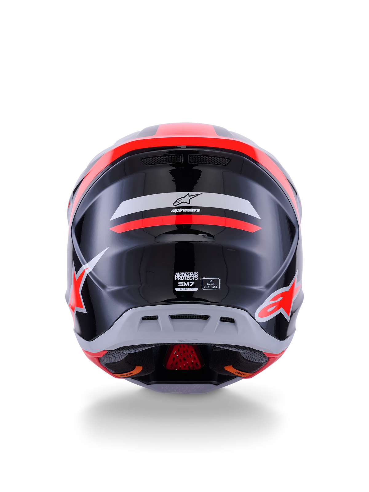Alpinestars S-M7 Rise hjelm ECE 22.06, motocrosshjelm, set bagfra, sort, sølv og rød fluo blank, med Alpinestars-logo og S-M7-branding, blank finish med aerodynamisk skal og ventilationsdetaljer