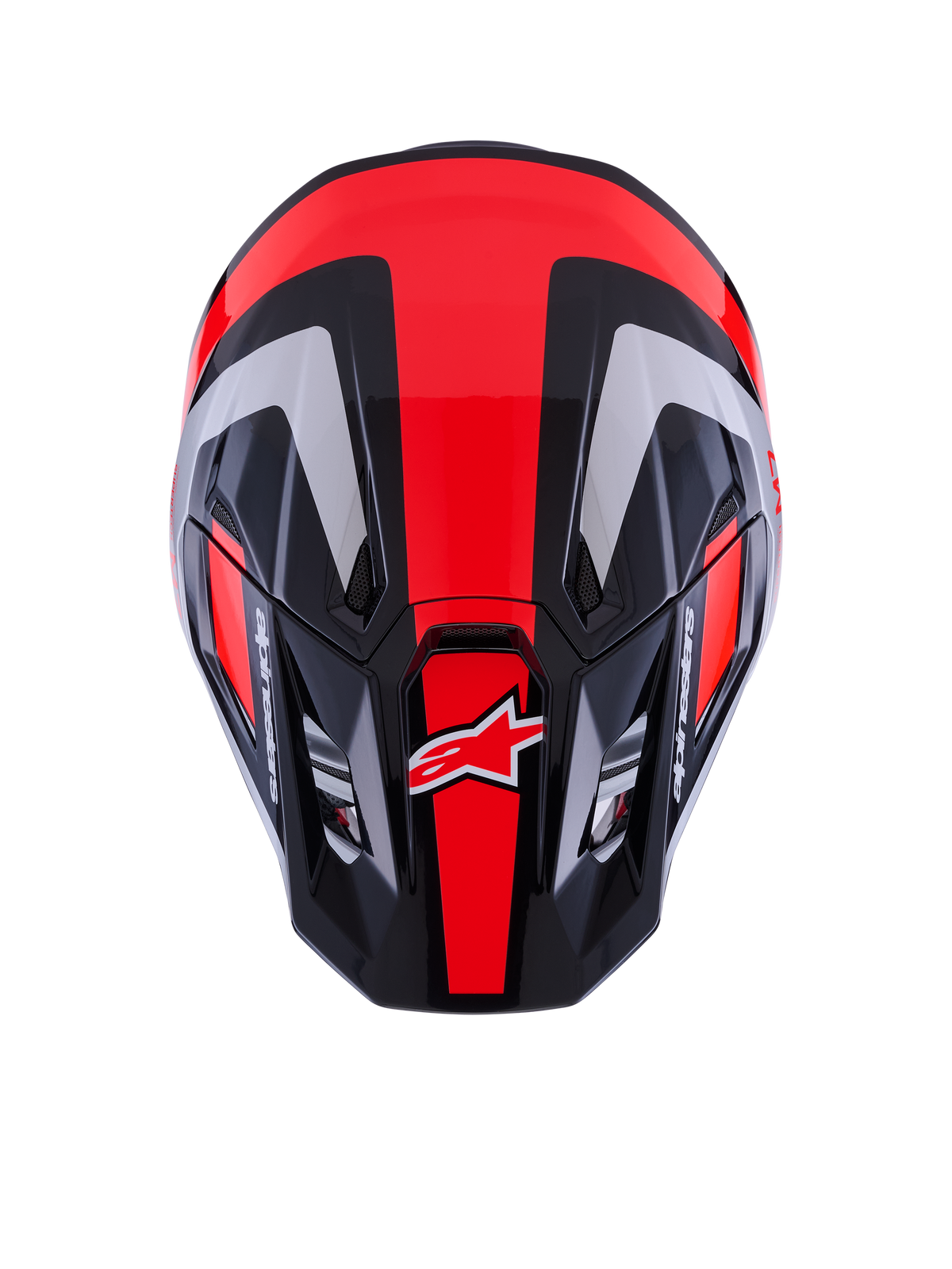 Alpinestars S-M7 Rise-hjelm ECE 22.06, motocross-hjelm, sort, sølv og fluorescerende rød glossy, set oppefra med aerodynamisk skal og ventilationsåbninger, røde fluorescerende striber og Alpinestars-branding, professionelt udstyr til off-road racing