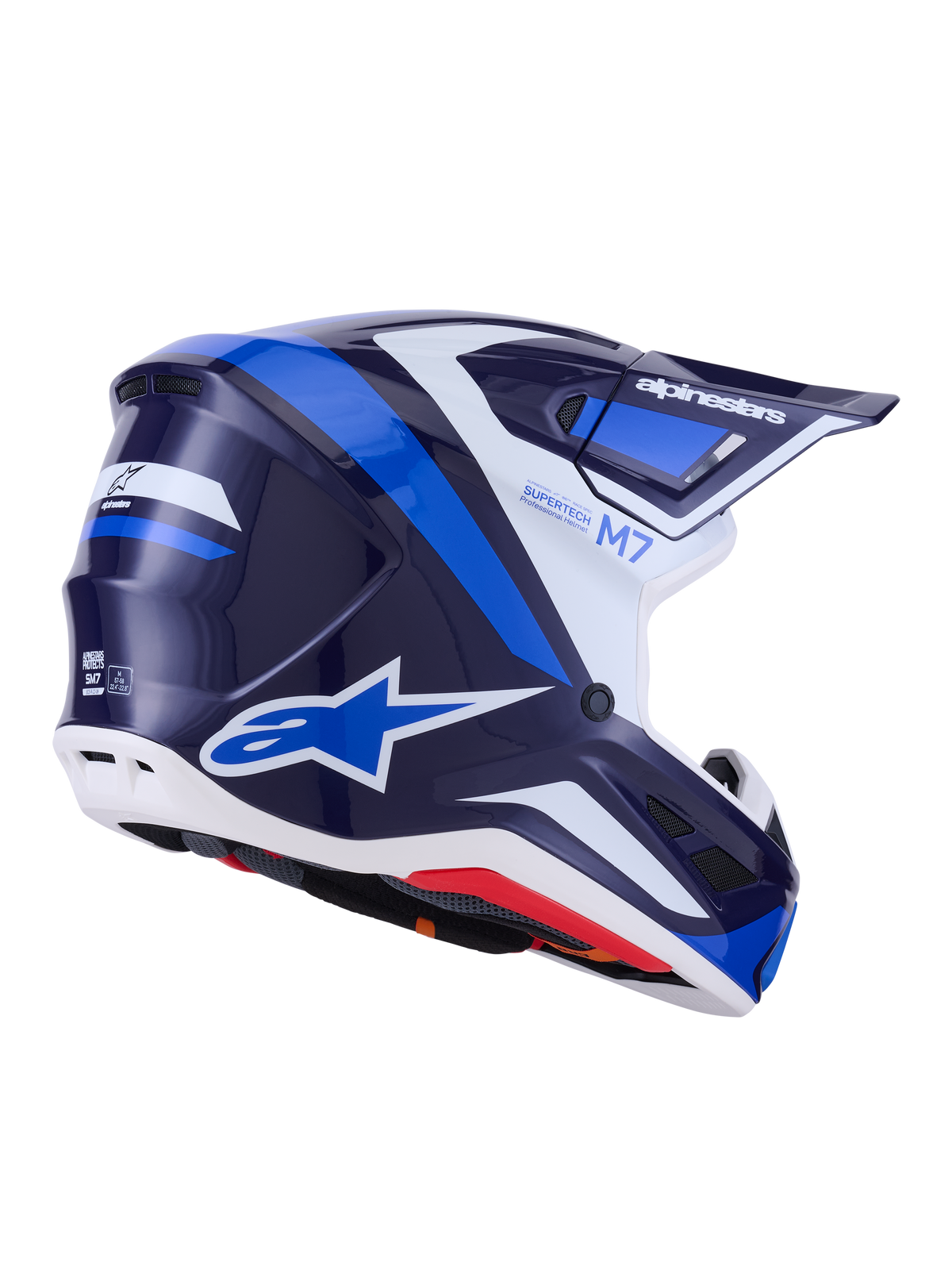 Alpinestars S-M7 Rise hjelm, motocrosshjelm, Blue White Glossy, mørkeblå og lyseblå grafik med hvide detaljer, Alpinestars-logoer på siden og bagpå, aerodynamisk skaldesign med ventilationsåbninger, professionelt terrænkørselsudstyr