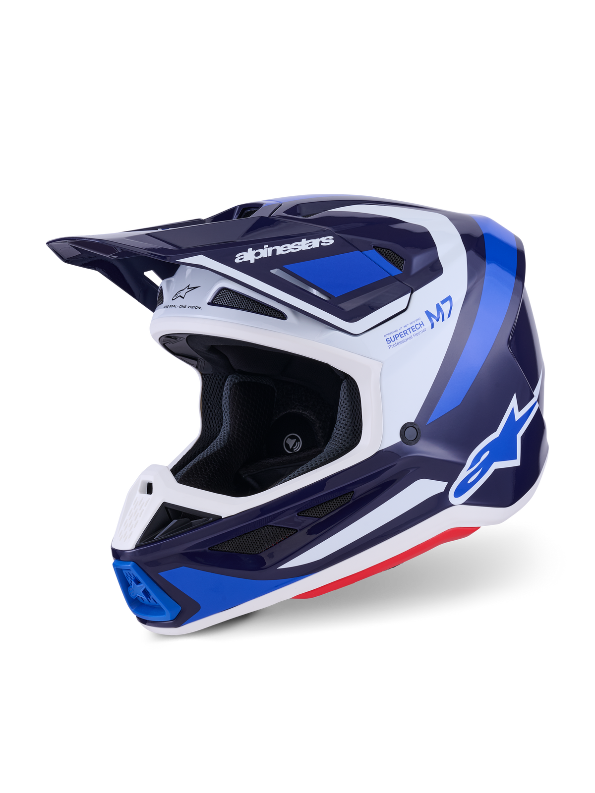 Alpinestars S-M7 Rise motocrosshjelm, Blue White Glossy, trekvartvisning der viser en aerodynamisk skal med integreret visir og flere ventilationsåbninger, hvide og blå grafiske detaljer, markant branding, højtydende terrænkørselsudstyr