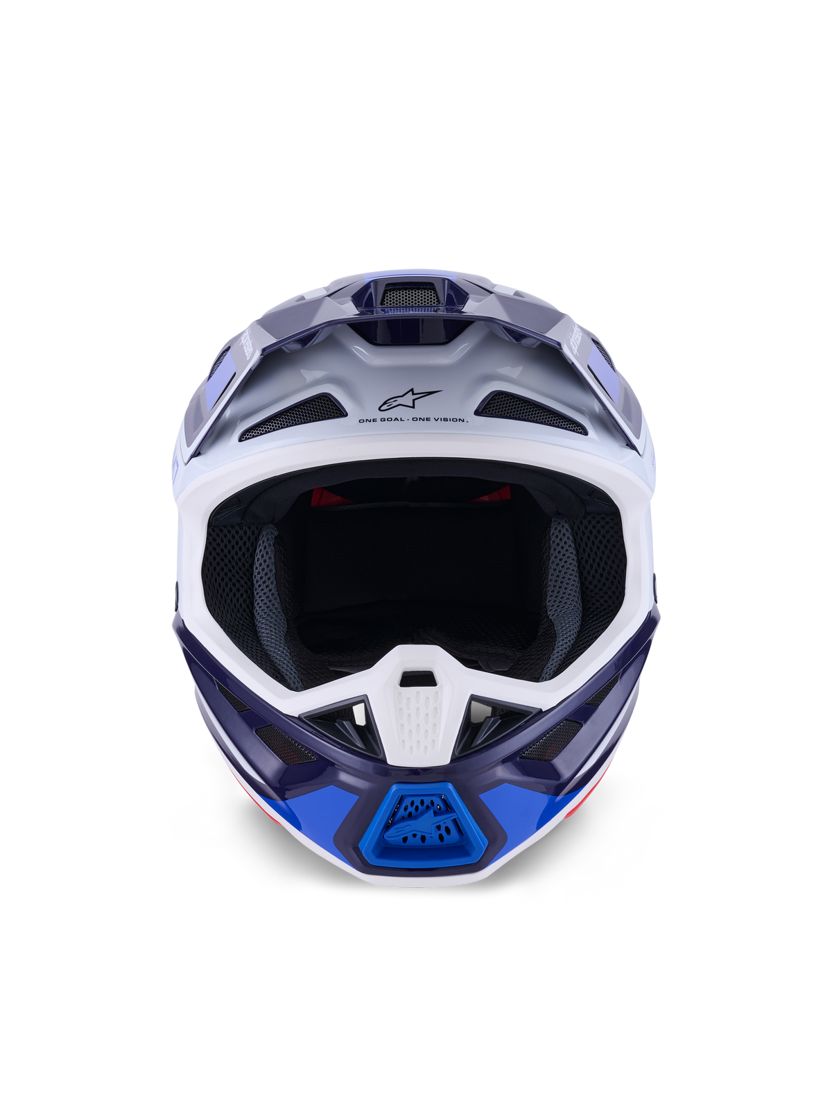 Alpinestars S-M7 Rise-hjelm, Blue White Glossy, set forfra, off-road motocross-hjelm med flere ventilationsporte, Astars-logo på panden, aerodynamisk kompositskal-design