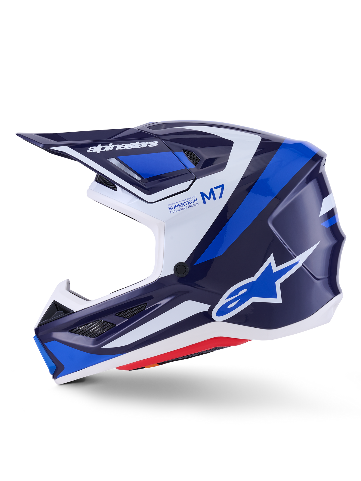 Alpinestars S-M7 Rise-hjelm, motocrosshjelm, blå, hvid og navy blank finish, sideprofil med Alpinestars-branding på visiret og siden, M7- og Supertech-tekst, aerodynamisk skal med ventilationsåbninger, blank finish til off-road-præstation.