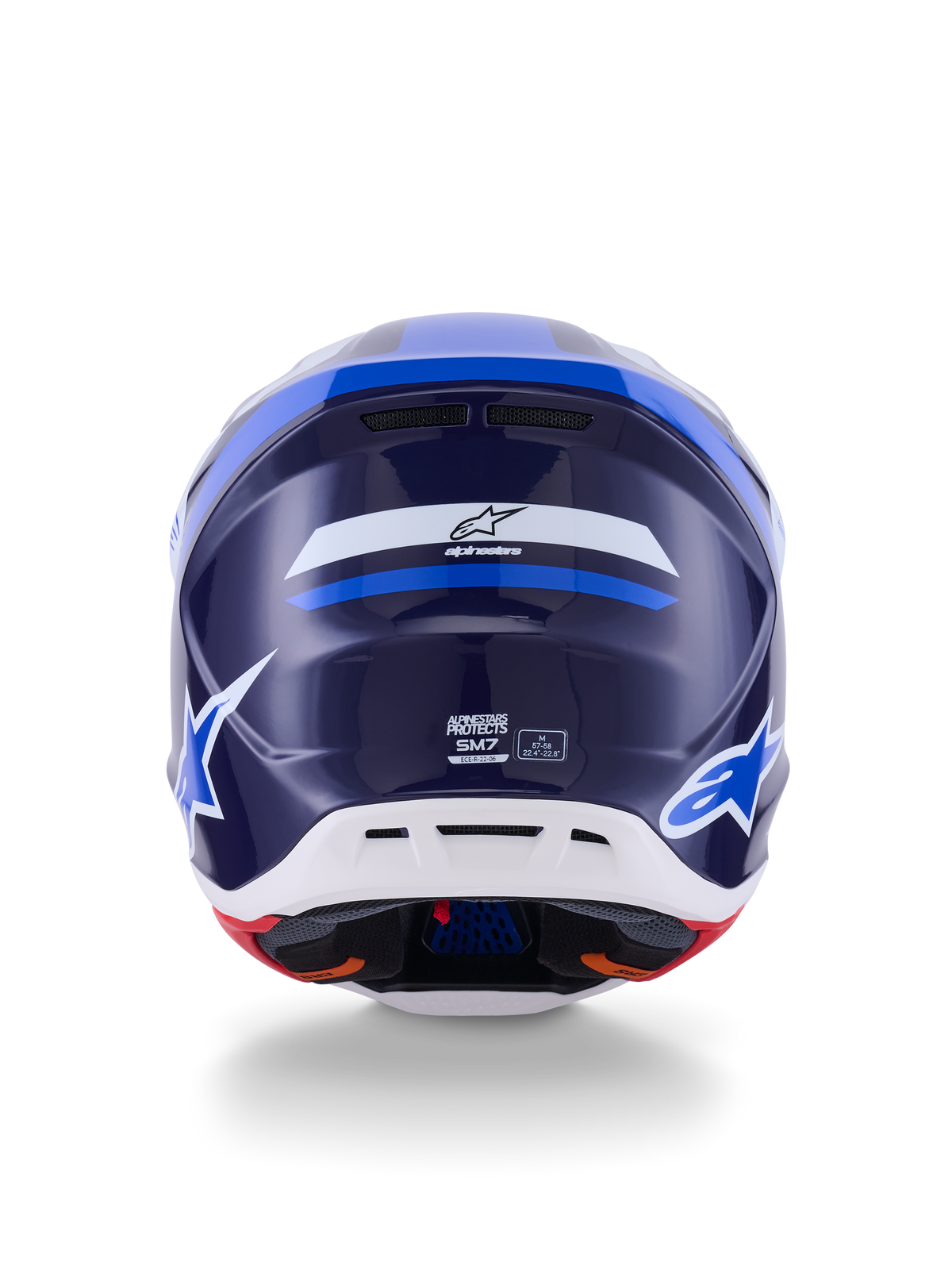 Alpinestars S-M7 Rise hjelm, set bagfra, blank blå og hvid, med Alpinestars-logo og SM7-branding, aerodynamisk kompositskal med hvid undersektion og ventilationsporte, højtydende motocross-hovedbeskyttelse