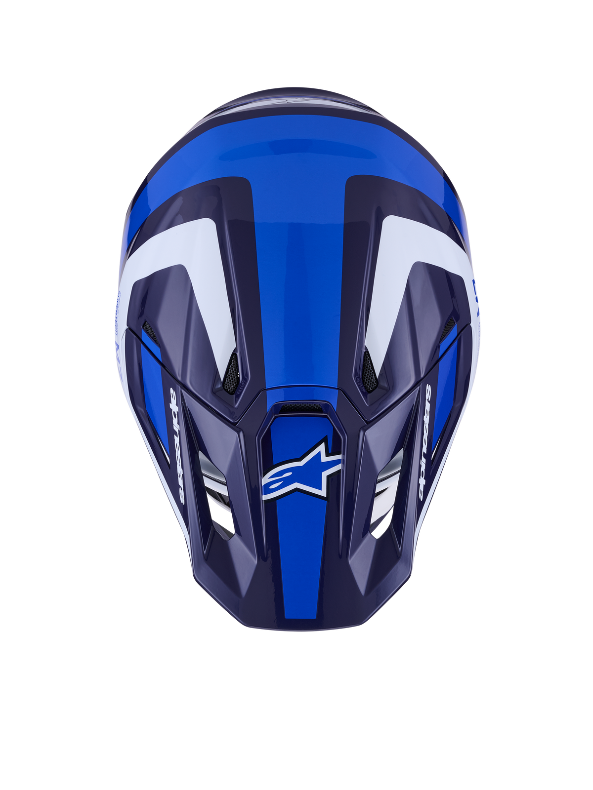 Alpinestars S-M7 Rise hjelm, motocrosshjelm, Blue White Glossy, set fra oven, viser aerodynamisk skal og ventilationsåbninger, hvid og mørkeblå vinkelformet grafik og markant branding