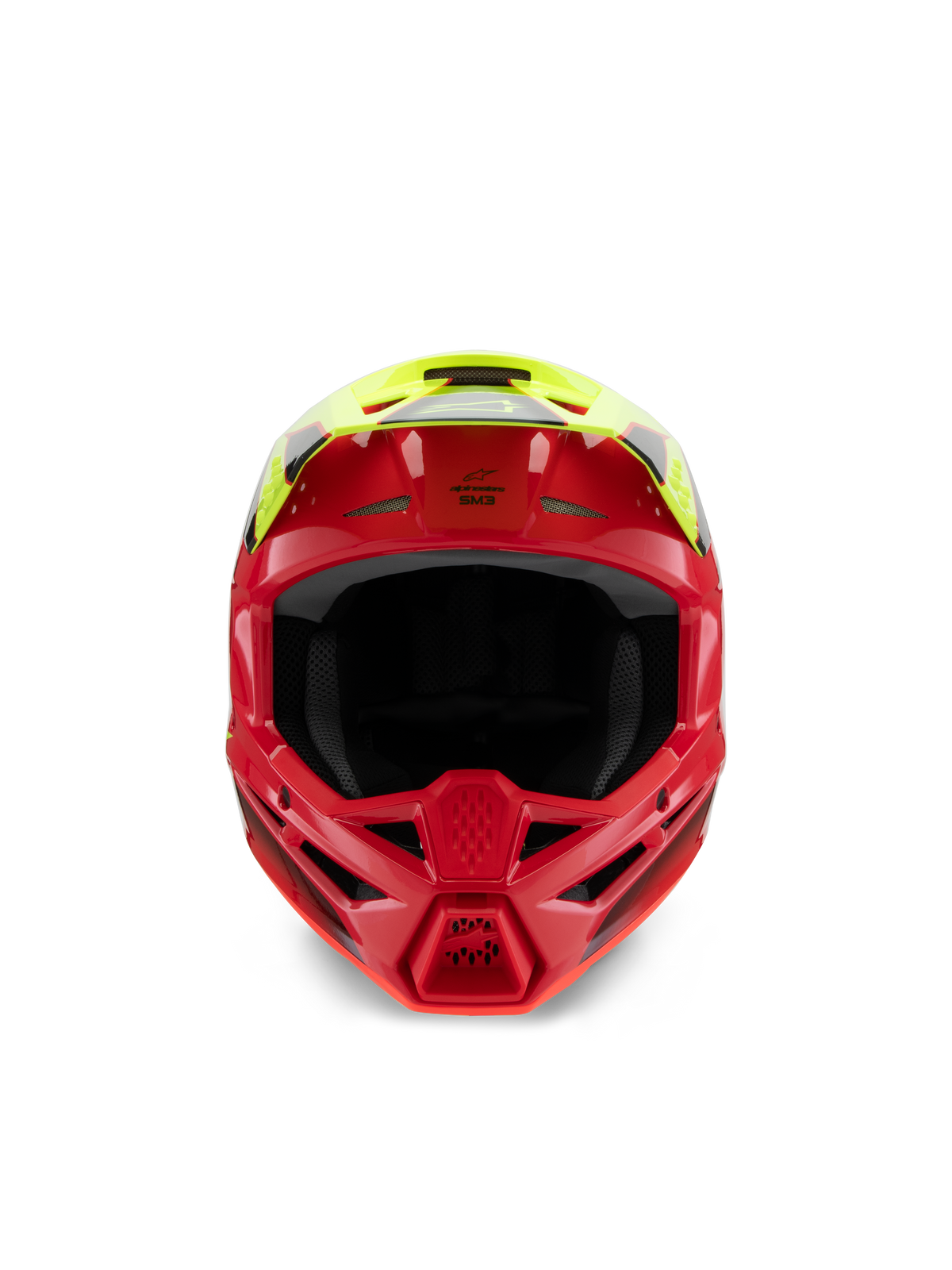 Alpinestars S-M3 Youth Fray hjelm, motocross-hjelm, rød og gul fluo blank, set forfra med fokus på ventilationsindtag og den aggressive hagebeskytter, specialiseret off-road hovedbeskyttelse til unge ryttere