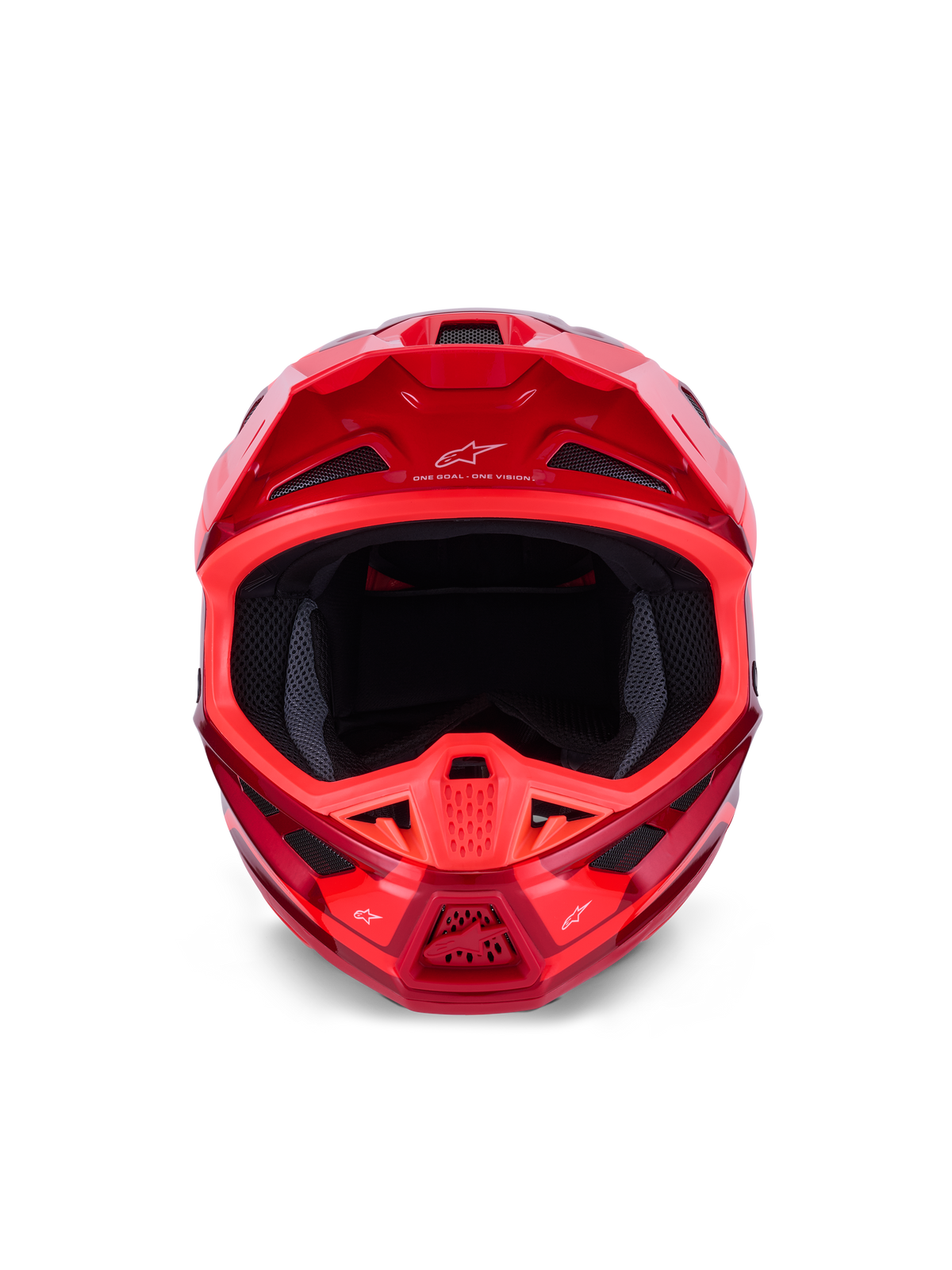 Alpinestars S-M7 Core Helmet, Motocross Helmet, Red Glossy, Front view showing multiple intake vents and aerodynamic design, Astars branding on visor and chin bar, professional off-road racing gear