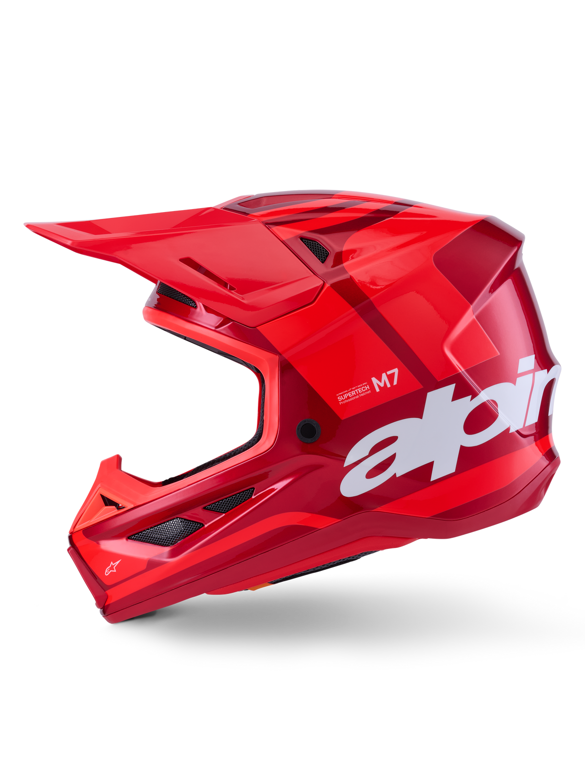 Alpinestars S-M7 Core Helmet, Red Glossy with geometric accents, Motocross Helmet, side profile view, aerodynamic shell with ventilation ports and white branding, high-performance off-road racing gear