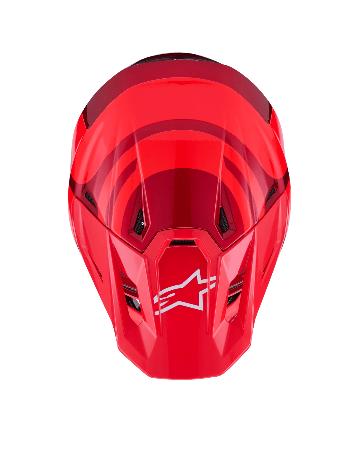 Alpinestars S-M7 Core Helmet, Red Glossy, top-down view featuring aerodynamic shell with darker red accents, white A-star logo on the visor, integrated ventilation ports, high-performance motocross protective gear