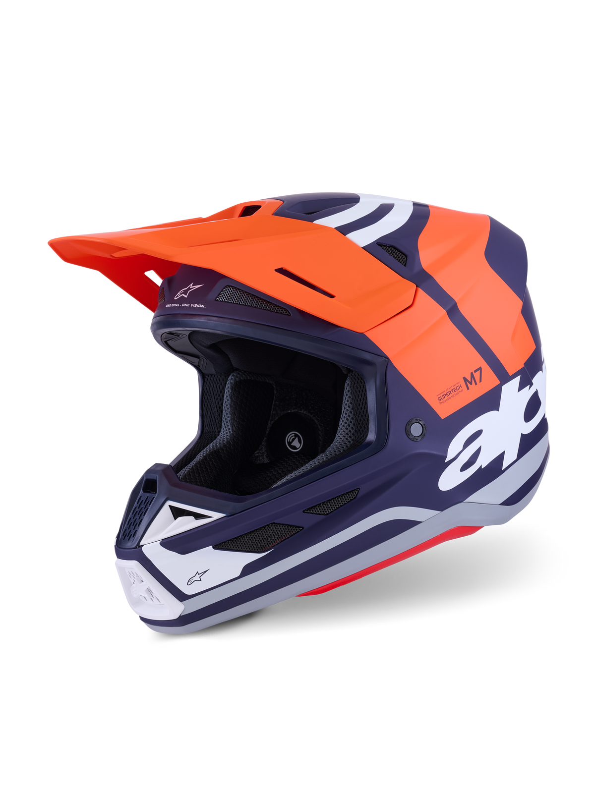 Alpinestars S-M7 Core-hjelm ECE 22.06, motocrosshjelm, orange og mat navyblå, med markant hvid branding, aerodynamisk skal med integreret ventilation, orange visir og professionel konstruktion til off-road racing.