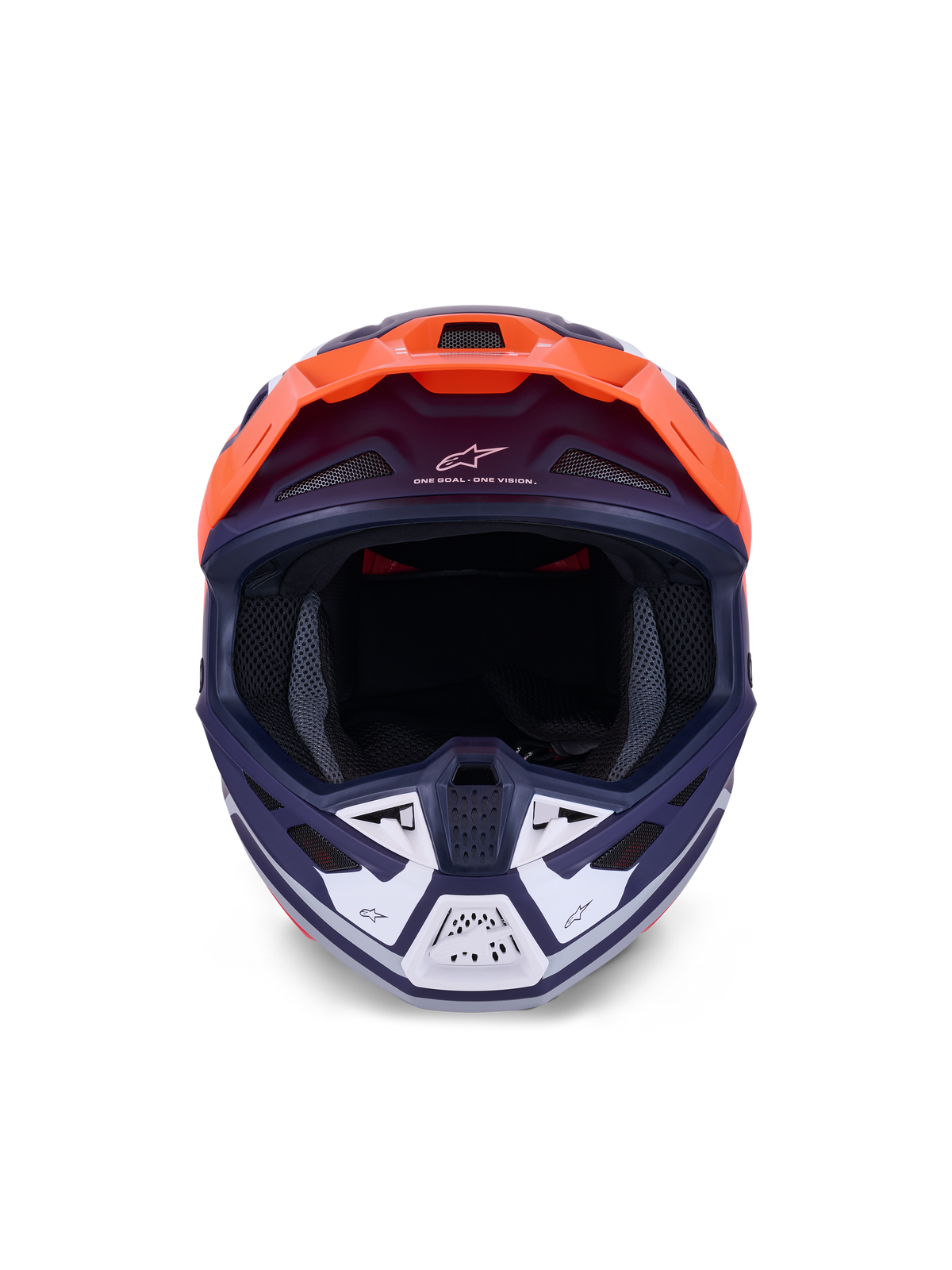 Alpinestars S-M7 Core hjelm, motocross-hjelm, orange og blå mat, set forfra med hvide detaljer på hagebeskytteren, med "One Goal - One Vision"-branding, aerodynamisk skal til off-road racing