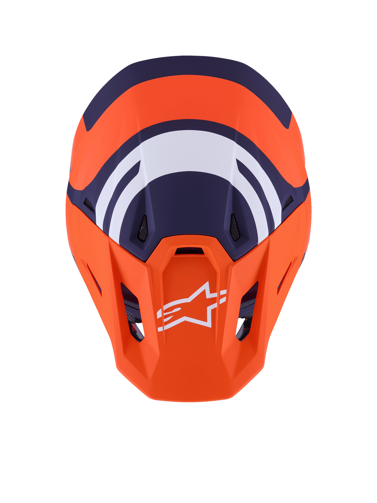 Alpinestars S-M7 Core hjelm ECE 22.06, motocross-hjelm, mat orange og blå, set oppefra med mørkeblå og hvide geometriske grafikker, hvidt Alpinestars-logo på orange visir, aerodynamisk skaldesign til off-road racing