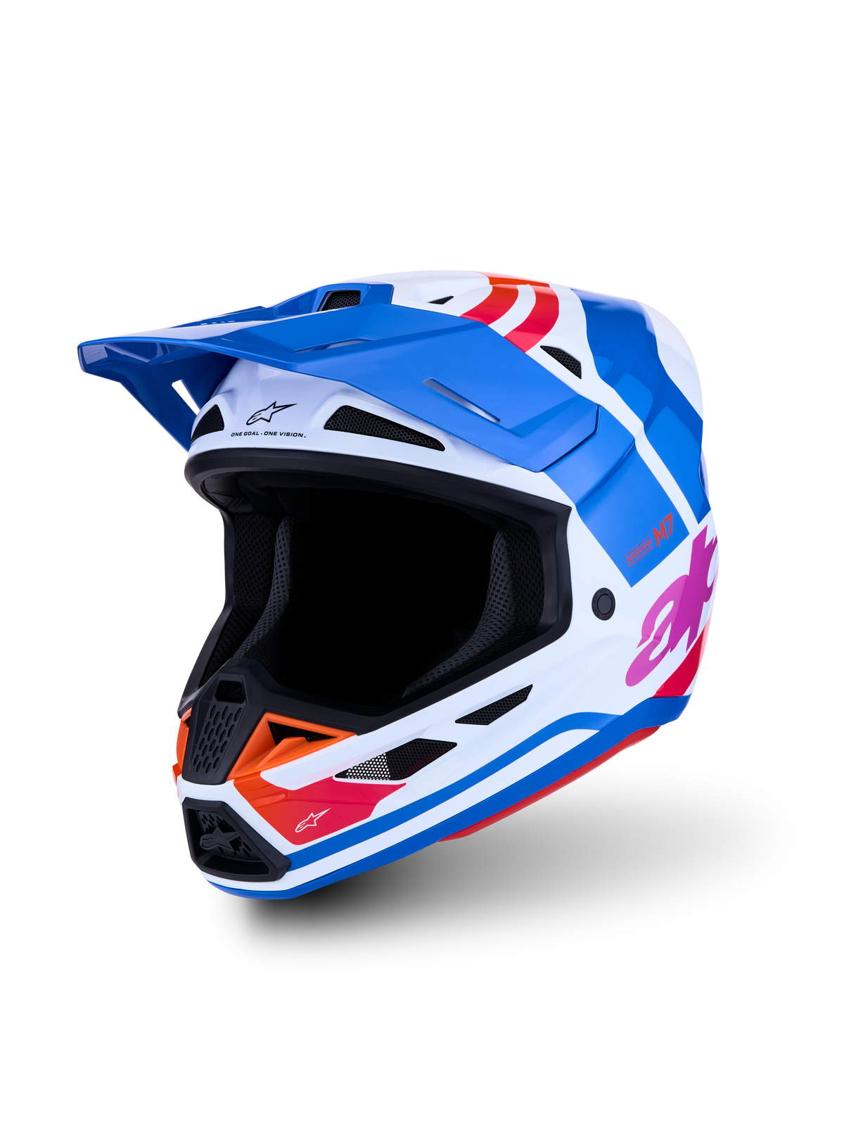 Alpinestars S-M7 Core Helmet ECE06, blue and white motocross helmet with glossy orange and pink graphics, ECE certified.