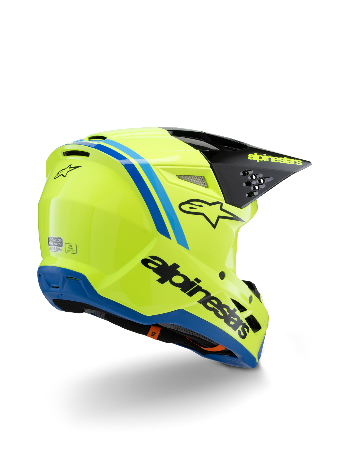 Alpinestars S-M3 Youth Radium hjelm ECE 22.06, motocross-hjelm, gul fluo med sorte og blå detaljer, trekvart visning bagfra, der viser sort skygge med gult logo og blå kant forneden.
