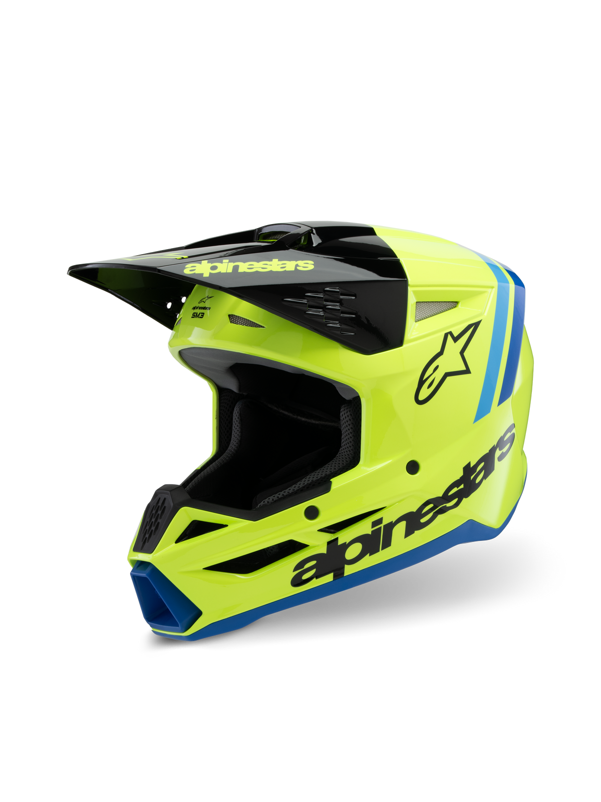 Alpinestars S-M3 Youth Radium hjelm, motocrosshjelm, neon gul, sort og blå, med sort visir, tydeligt Alpinestars-logo på siden, blå detaljer på kanten, højtydende beskyttelsesudstyr til unge kørere