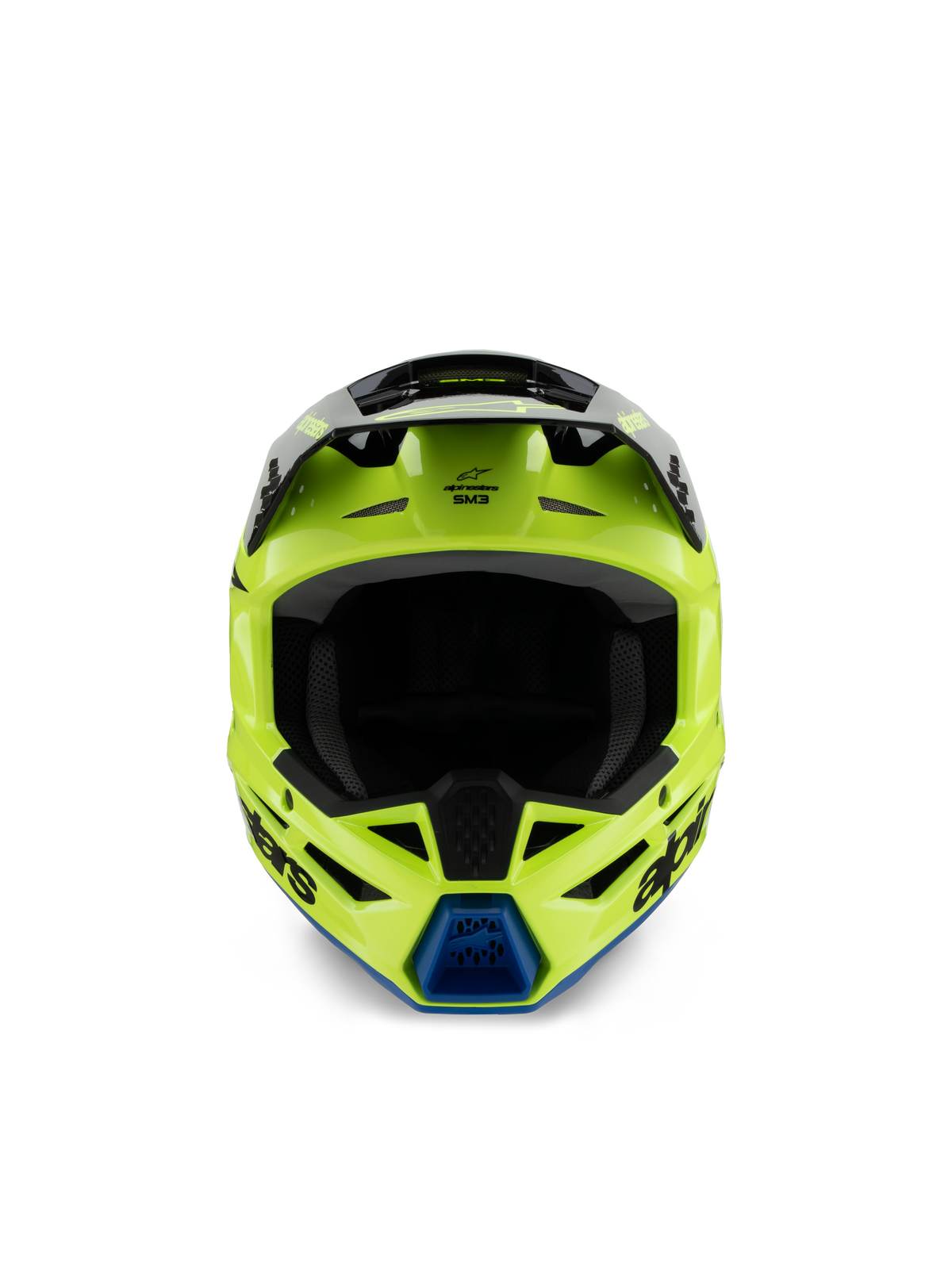 Alpinestars S-M3 Youth Radium hjelm, motocrosshjelm, fluorgul, sort og blå, set forfra med sort visir og blå hageventilation, tydelig Alpinestars-branding, slank aerodynamisk profil til off-road racing for unge