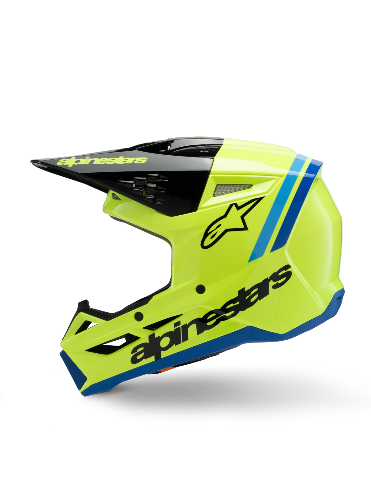 Alpinestars S-M3 Youth Radium hjelm, motocrosshjelm, stærk fluorescerende gul med blå og sorte detaljer, markant Alpinestars-branding, strømlinet aerodynamisk profil til off-road racing for unge