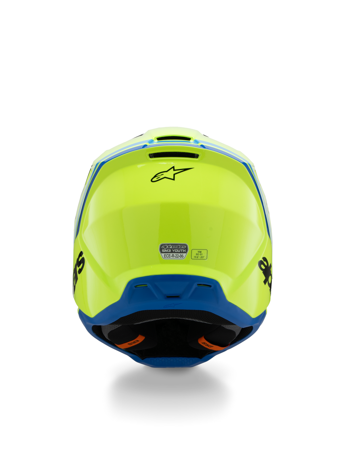 Alpinestars S-M3 Youth Radium-hjelm ECE 22.06, motocrosshjelm, gul fluo og blå, set bagfra med sort Alpinestars-logo og ECE-certificeringsmærkat, aerodynamisk skal-design til off-road racing til unge