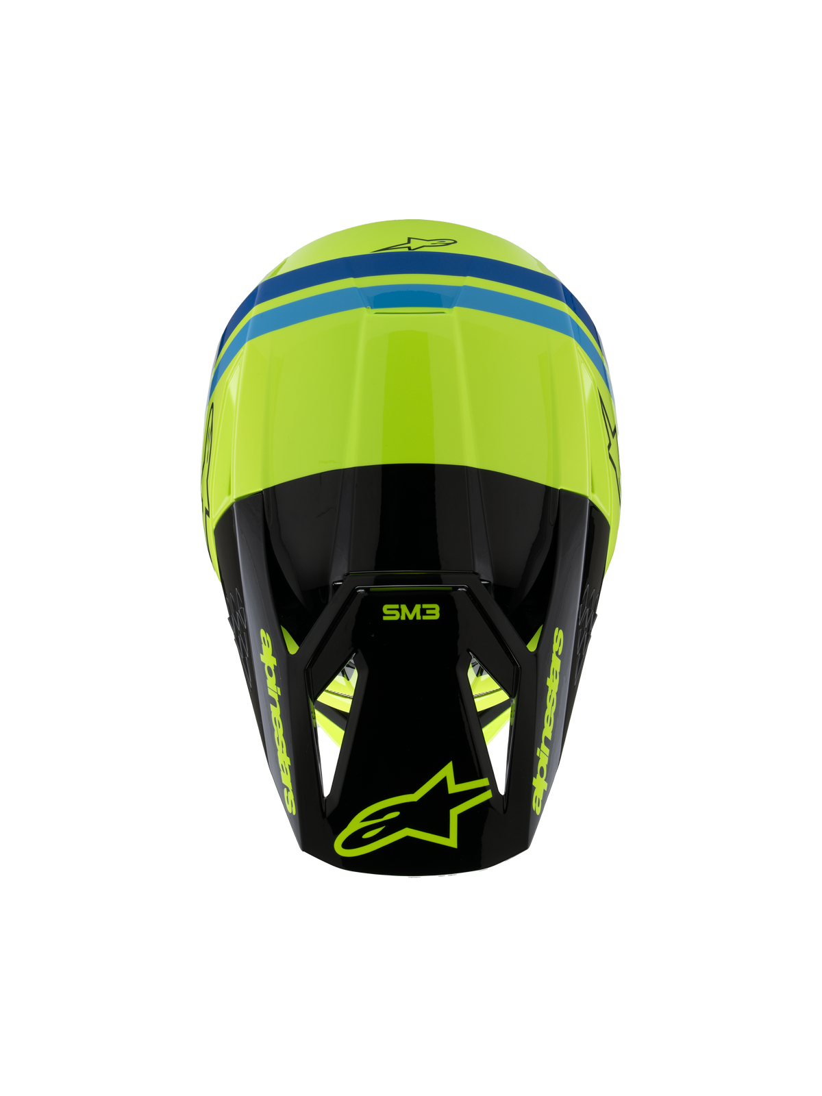Alpinestars S-M3 Youth Radium-hjelm ECE 22.06, motocross-hjelm, gul fluo, sort og blå, set fra oven, viser aerodynamisk skal, SM3-branding på det sorte visir og tydelige Alpinestars-logoer